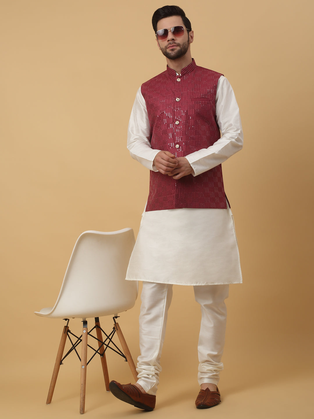KRAFT INDIA Men's Silk Blend Cream Kurta, Churidar with Cotton Silk Sequenced Embroided Nehru Jacket Set