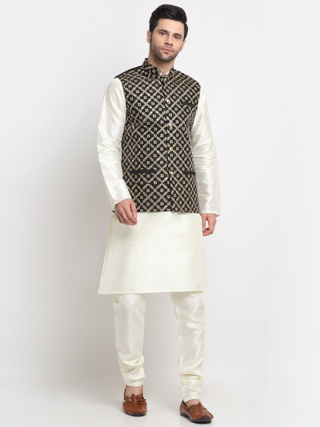 Men's Silk Cream Kurta Churidar with Embroidered Nehru Jacket Set