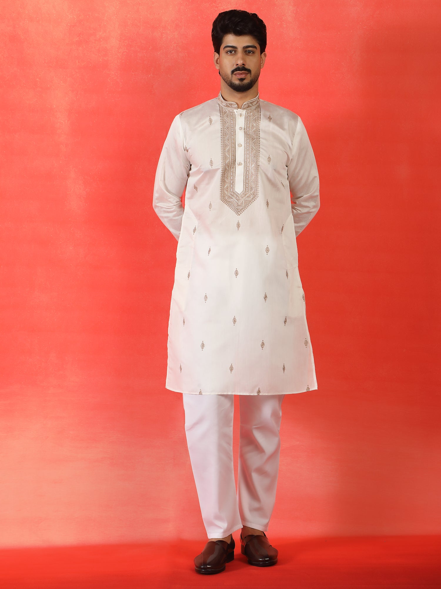 Men's Sequenced Embroidered Designed Cotton Silk Straight Long Kurta