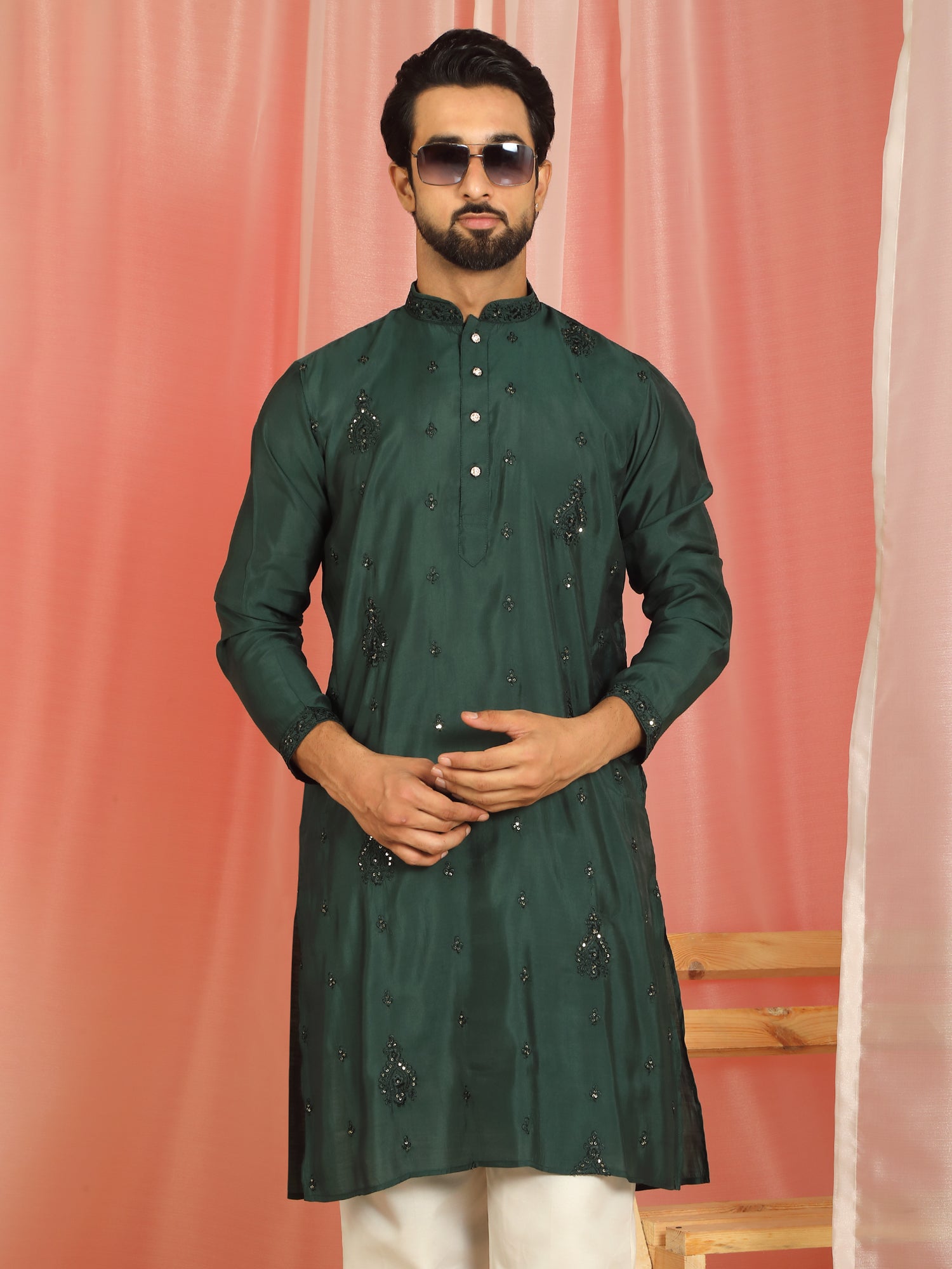 Men Cotton Silk Embroidered Ethnic Kurta