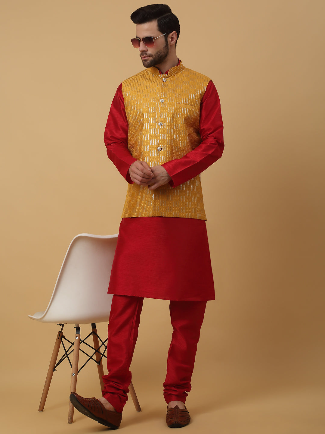 KRAFT INDIA Men's Silk Blend Maroon Kurta, Churidar With Cotton Silk Sequenced Embroided Nehru Jacket set