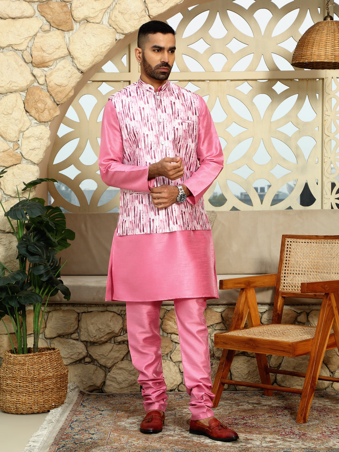 Silk Blend Solid Pink Kurta Churidar With Sleeveless tie-dye Nehru Jacket set