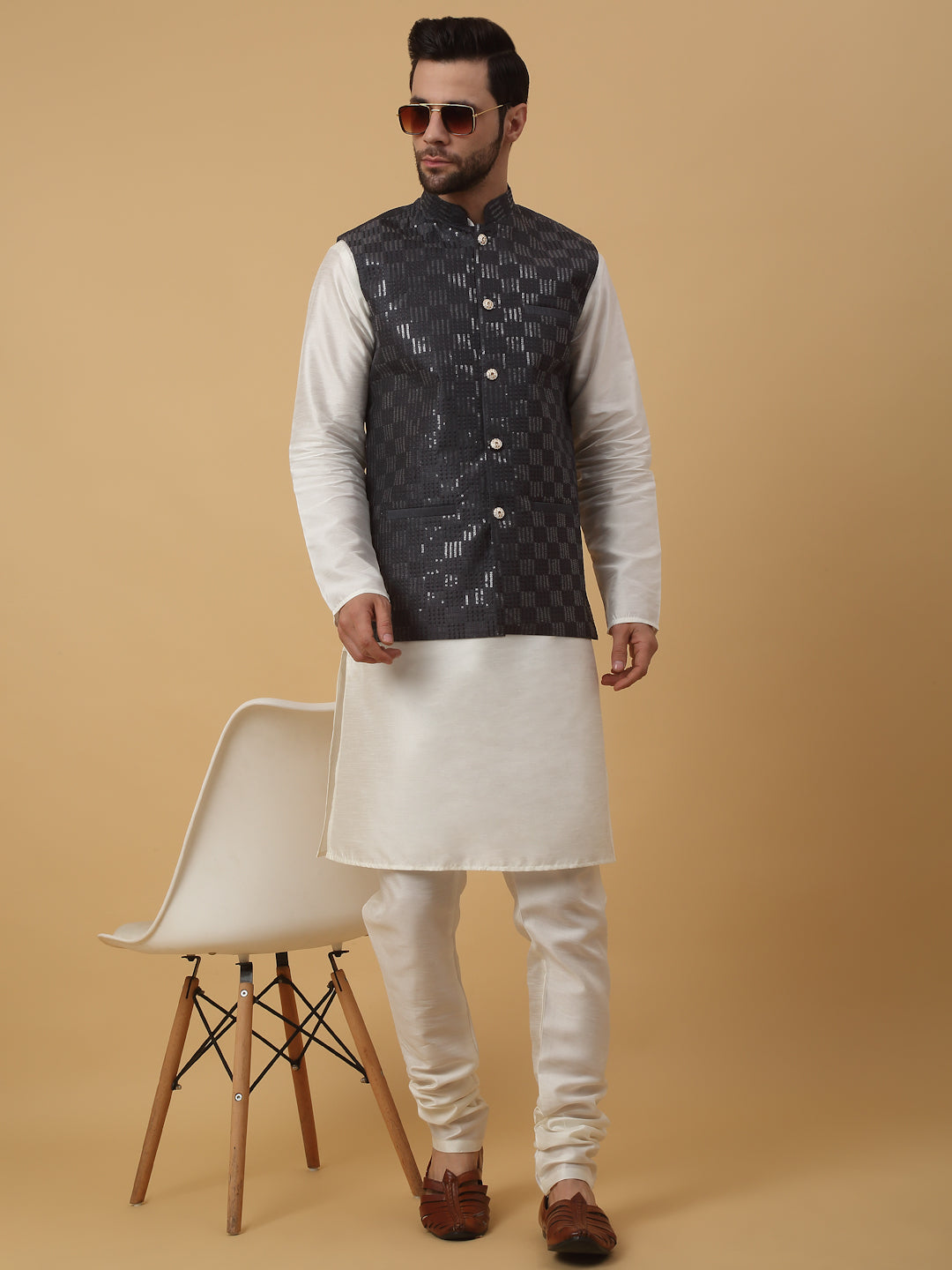 KRAFT INDIA Men's Silk Blend Cream Kurta, Churidar with Cotton Silk Sequenced Embroided Nehru Jacket Set