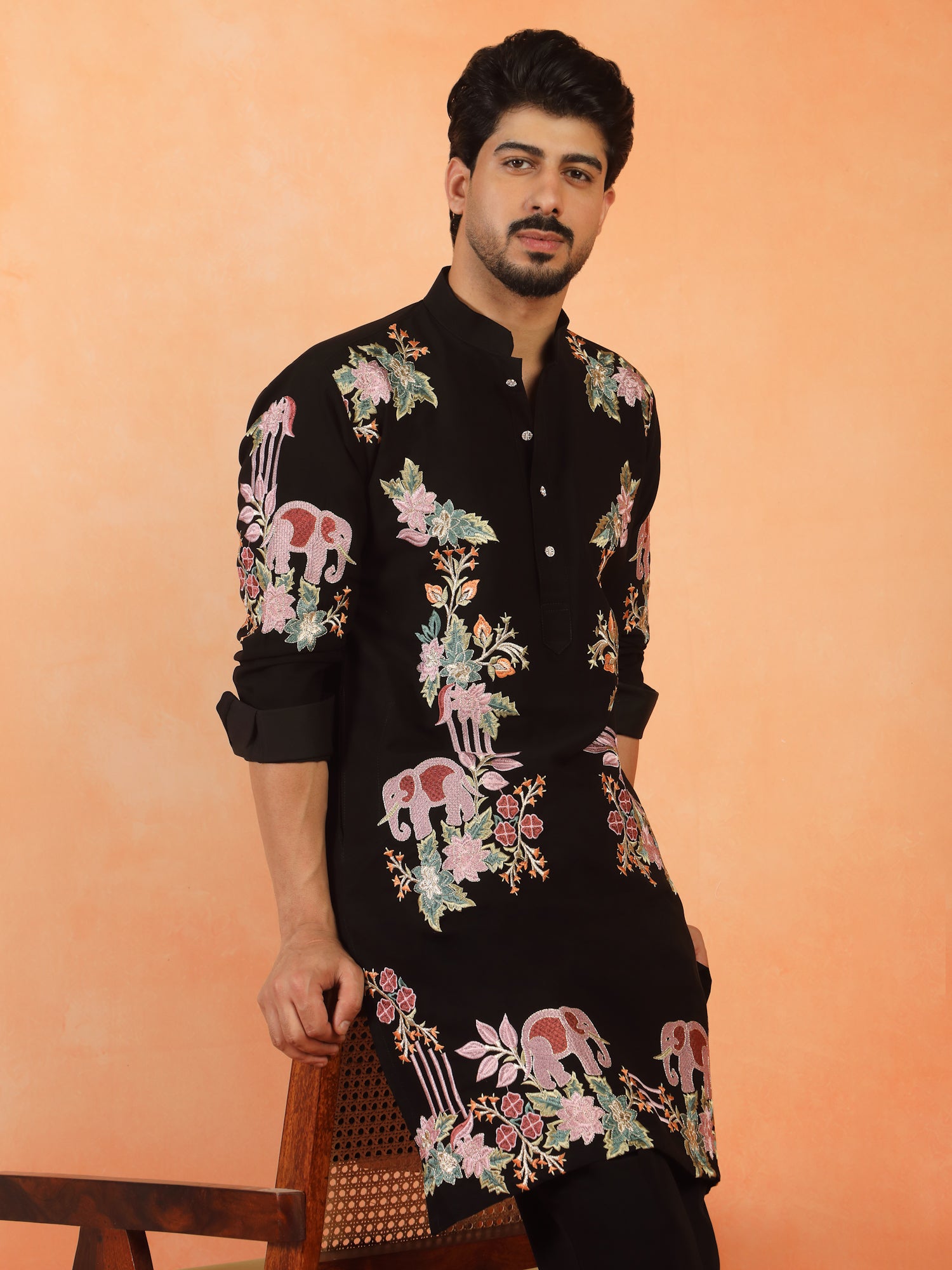 Men's Japanese Fabric Floral Embroidered Design Mandarin Collar Long Kurta