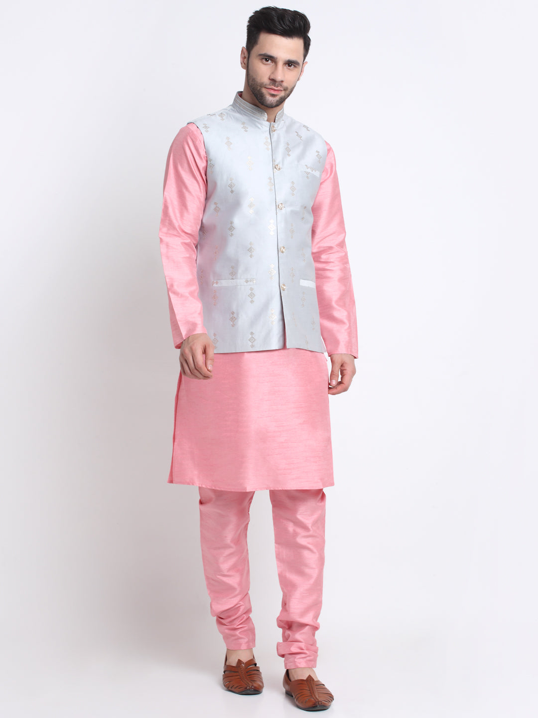 KRAFT INDIA Men Pink Silk Kurta & Churidar With Sequenced Nehru Jacket