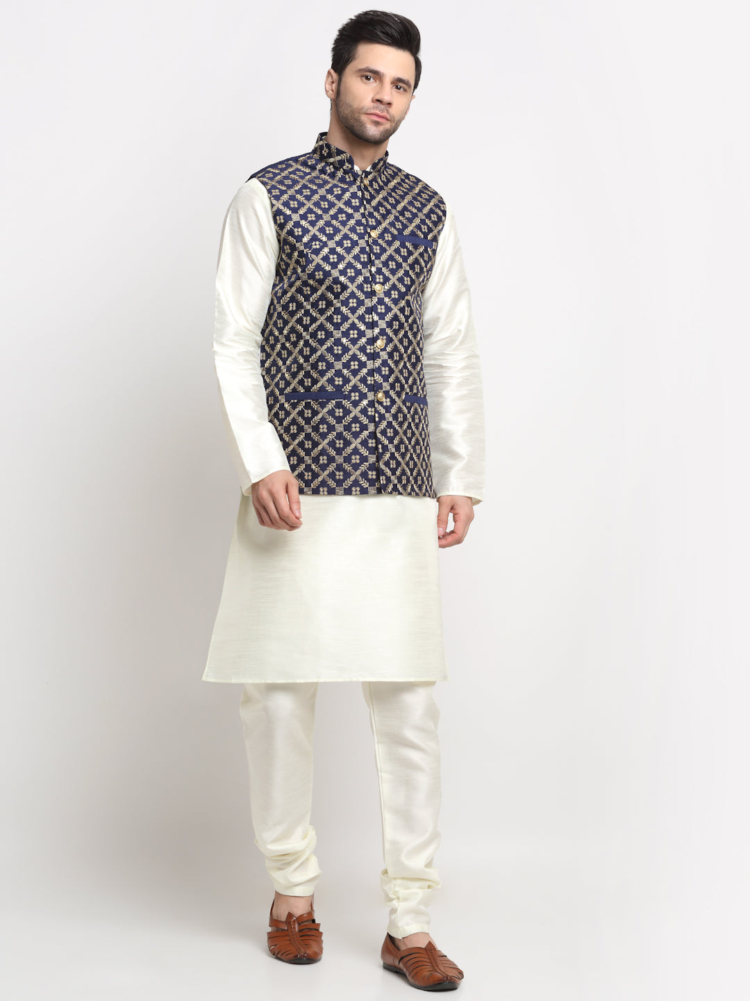 Men's Silk Cream Kurta Churidar with Embroidered Nehru Jacket Set
