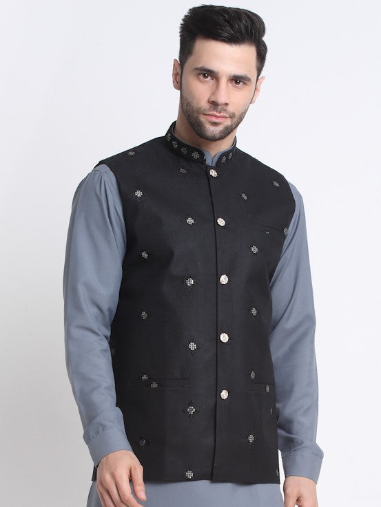 Men's Cotton Embroidered Sequence Nehru Jacket Only