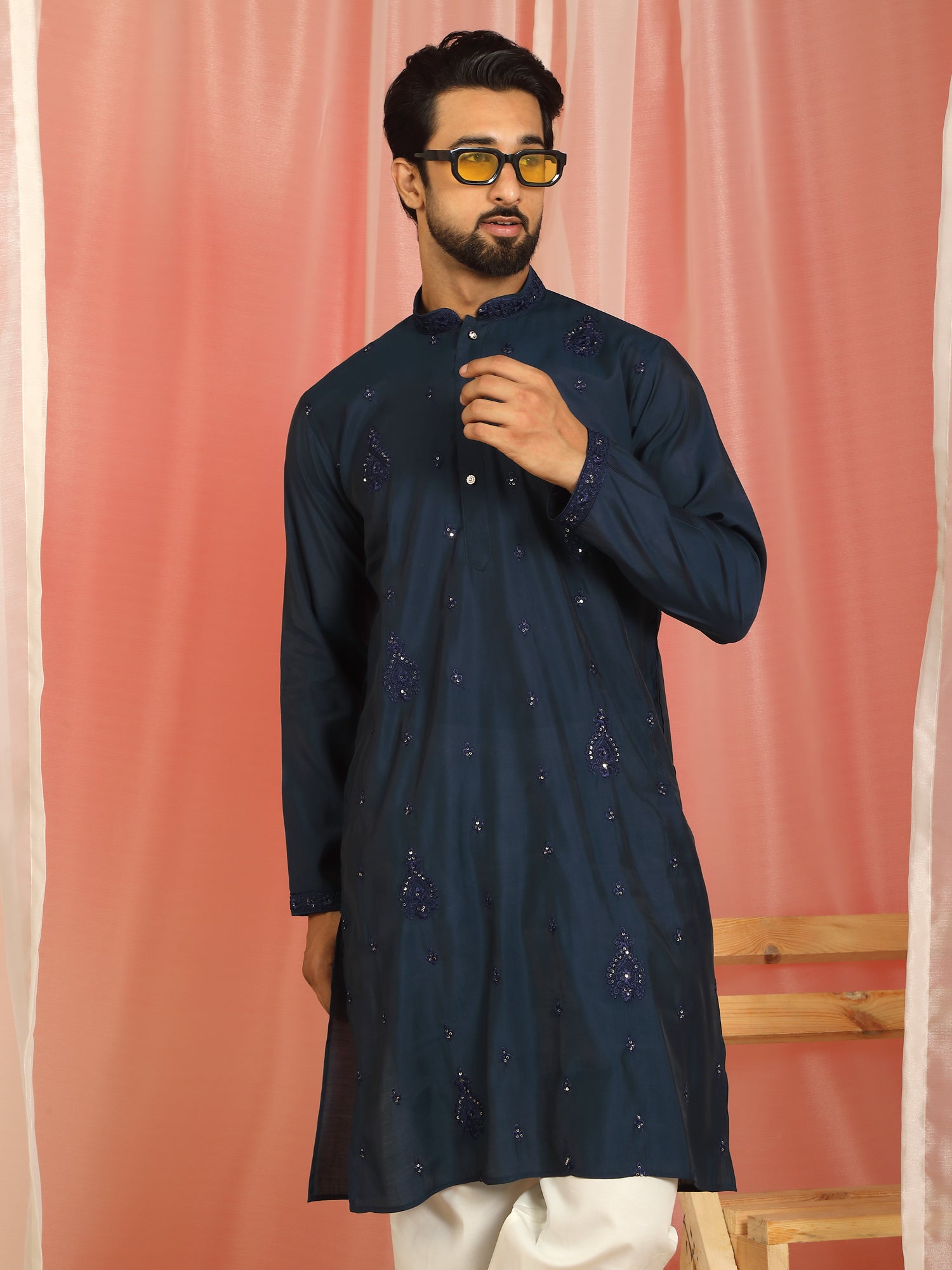 Men Cotton Silk Embroidered Ethnic Kurta