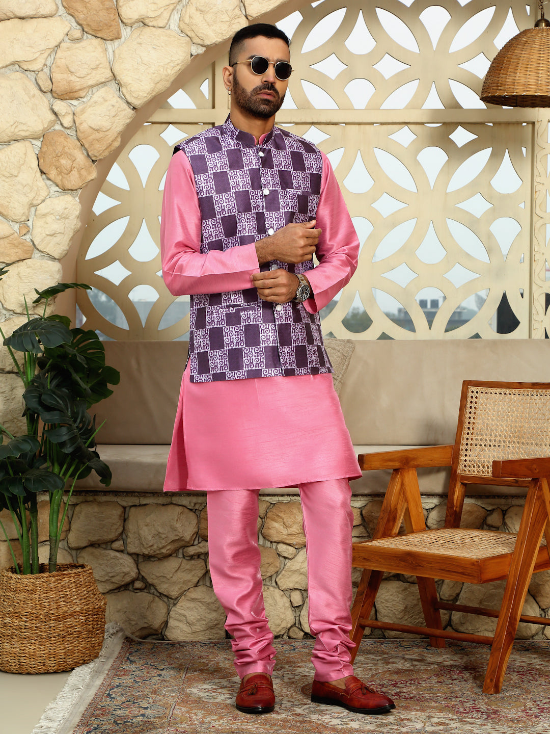 Silk Blend Solid Pink Dupion Kurta Churidar With Sleeveless Bandhani Nehru Jacket set
