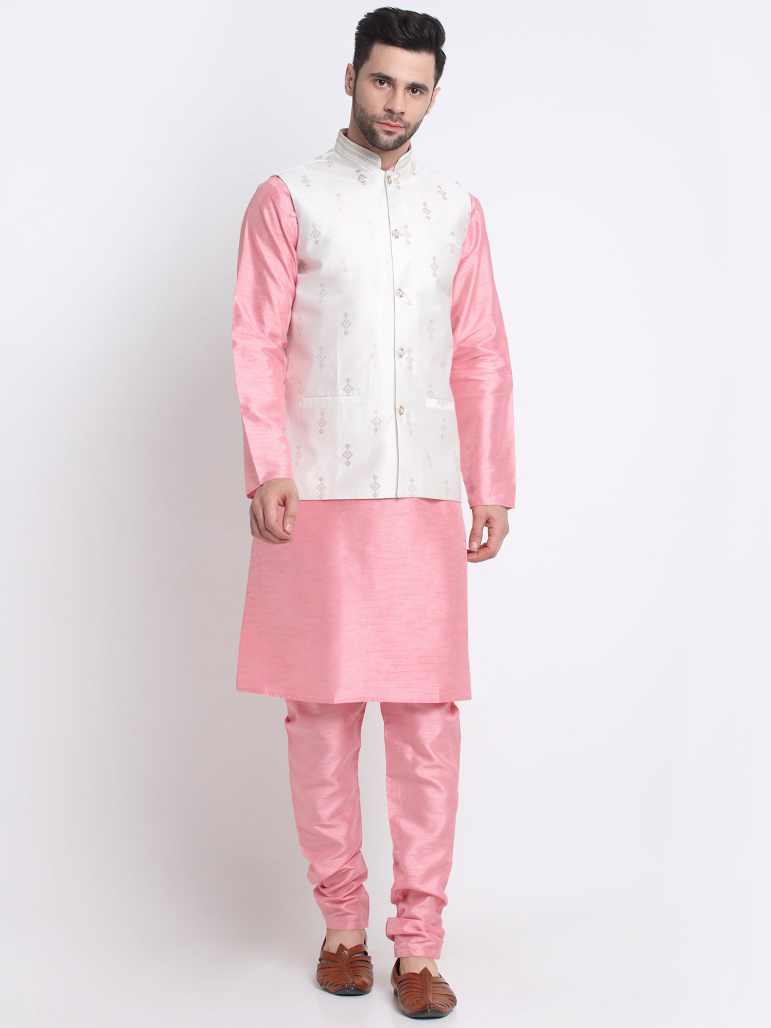 KRAFT INDIA Men Pink Silk Kurta & Churidar With Sequenced Nehru Jacket