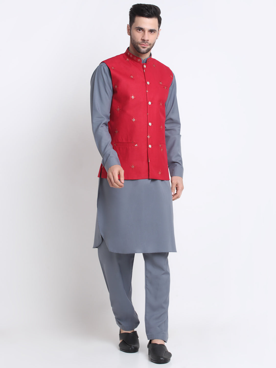 KRAFT INDIA Men Cotton Grey Pathani Kurta & Salwar With Embroided Sequenced Nehru Jacket