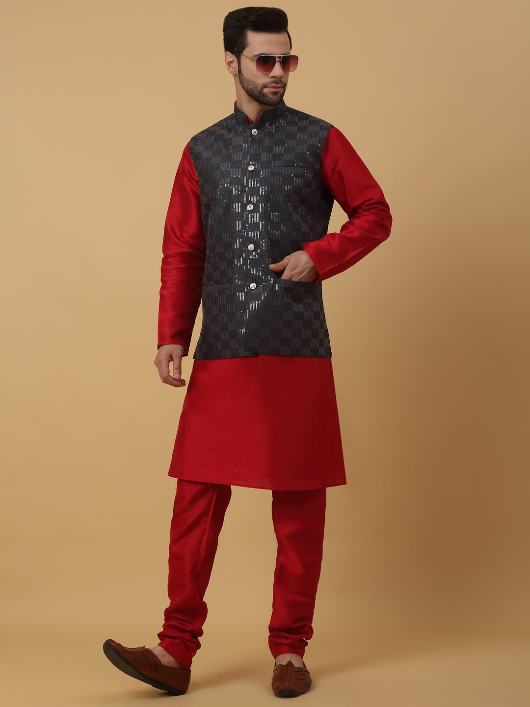 KRAFT INDIA Men's Silk Blend Maroon Kurta, Churidar With Cotton Silk Sequenced Embroided Nehru Jacket set
