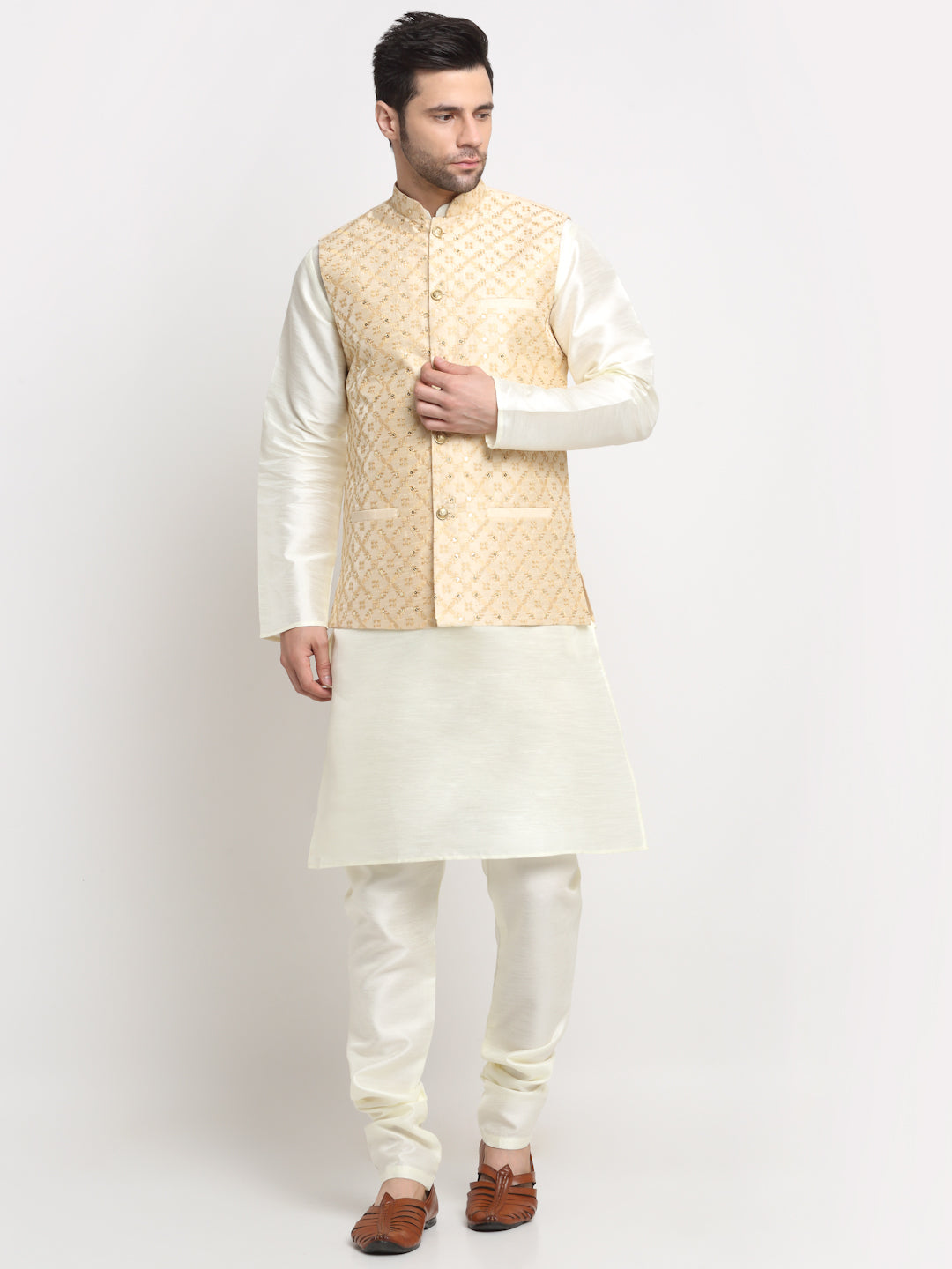 Men's Silk Cream Kurta Churidar with Embroidered Nehru Jacket Set