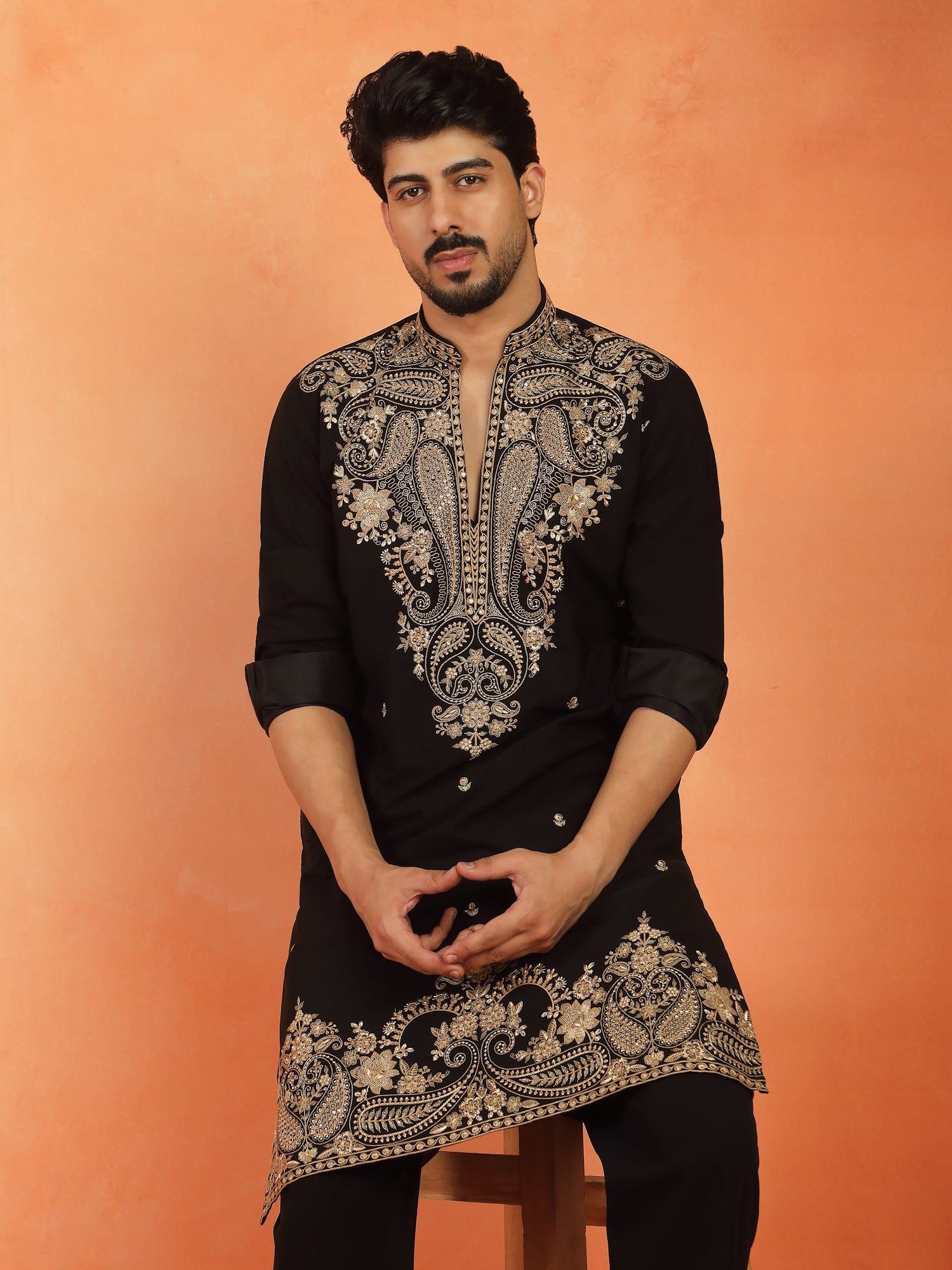 Men's Embroidered Yoke Design Japanese Fabric Daman Work Long Kurta
