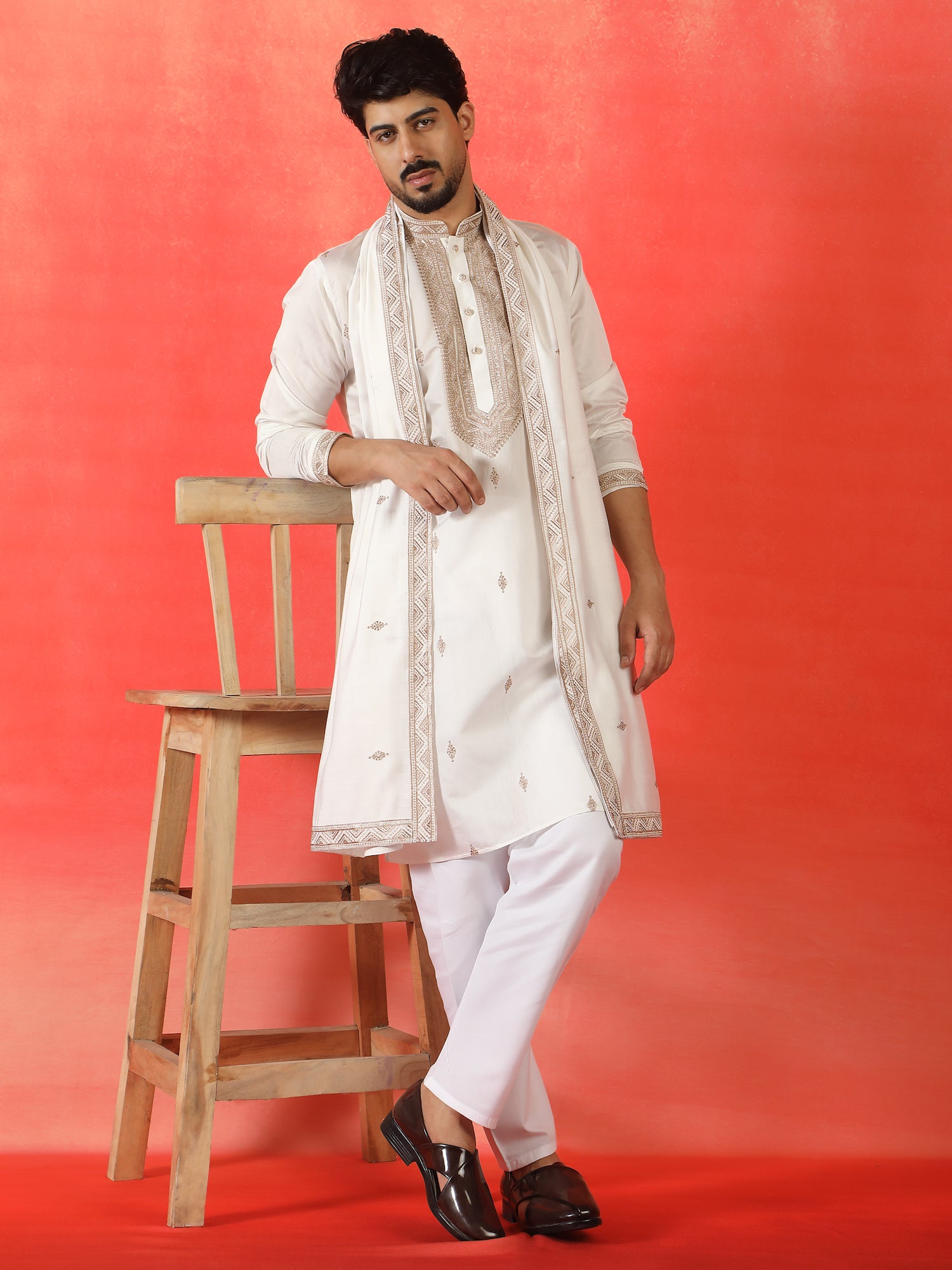 Men's Sequenced Embroidered Cotton Silk Straight Kurta Pyjama With Dupatta Set