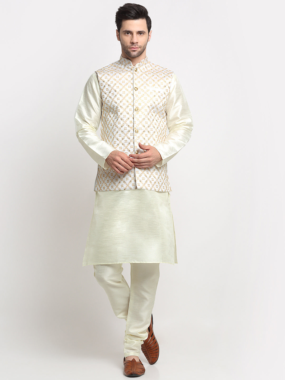 Men's Silk Cream Kurta Churidar with Embroidered Nehru Jacket Set