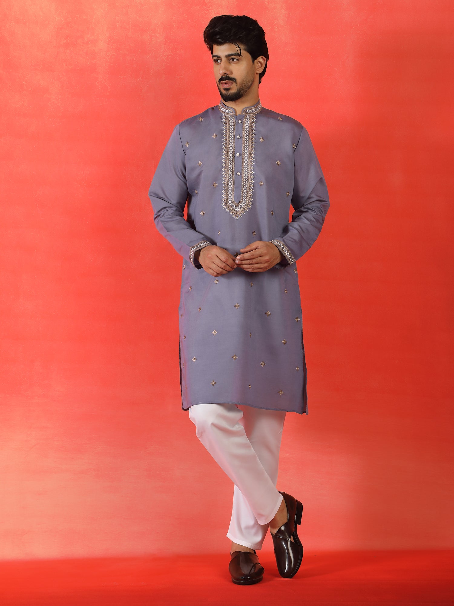 Men's Sequenced Embroidered Cotton Silk Straight Kurta Pyjama With Dupatta Set
