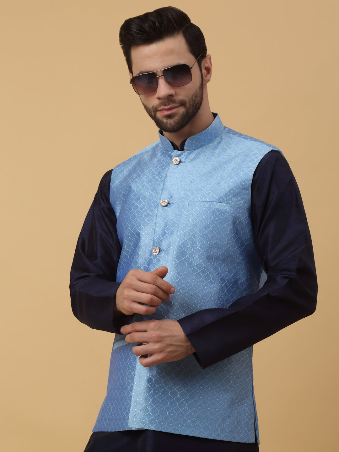KRAFT INDIA Men's Silk Blend Geometric Sleeveless Jacquard Nehru Jacket
