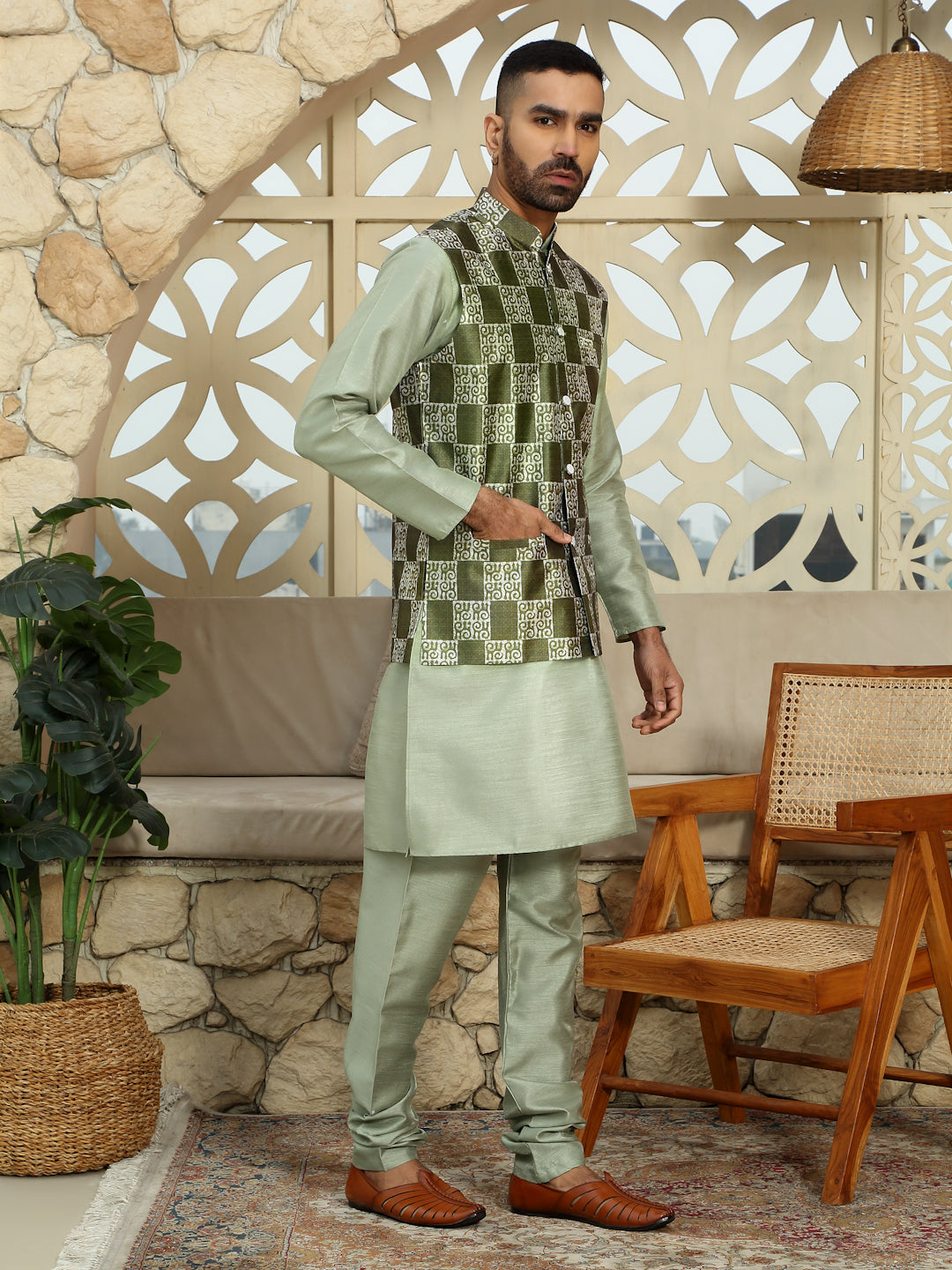 Silk Blend Solid Olive Dupion Kurta Churidar With Sleeveless Bandhani Nehru Jacket set