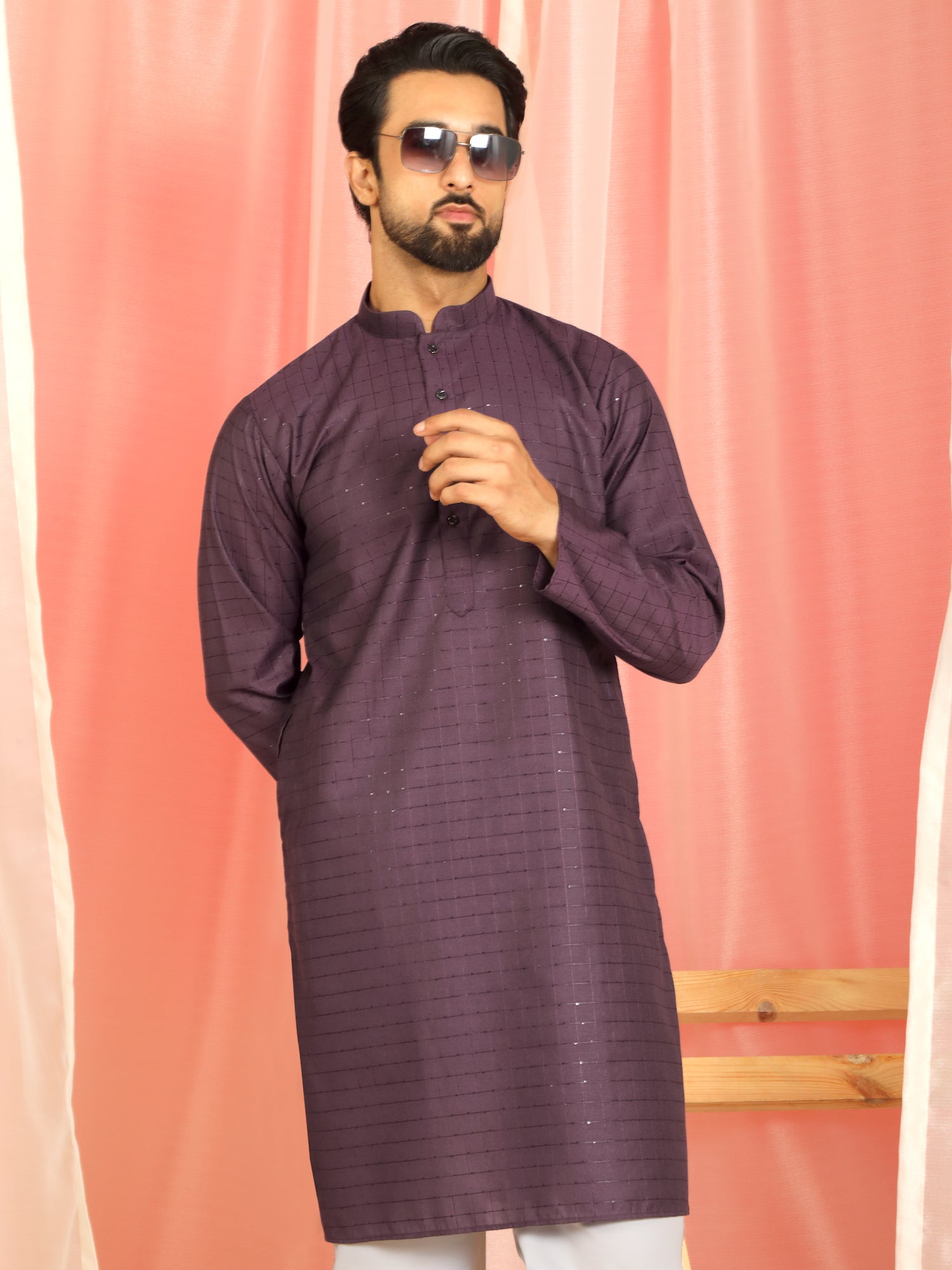 Men Cotton Geometric Mandarin Collor Kurta