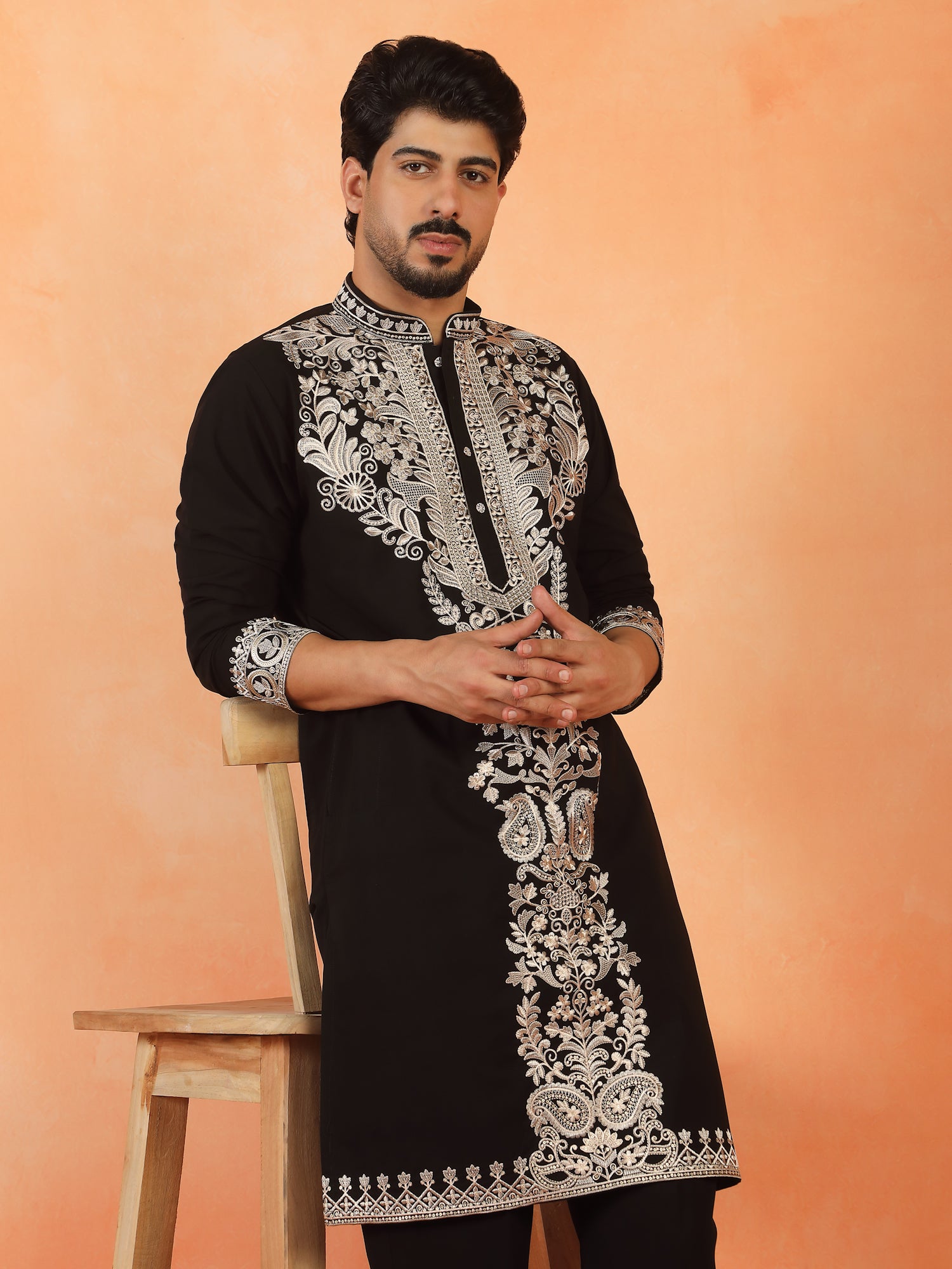 Men's Premium Japanese Fabric Heavy Embroidered Long Kurta with Mandarin Collar
