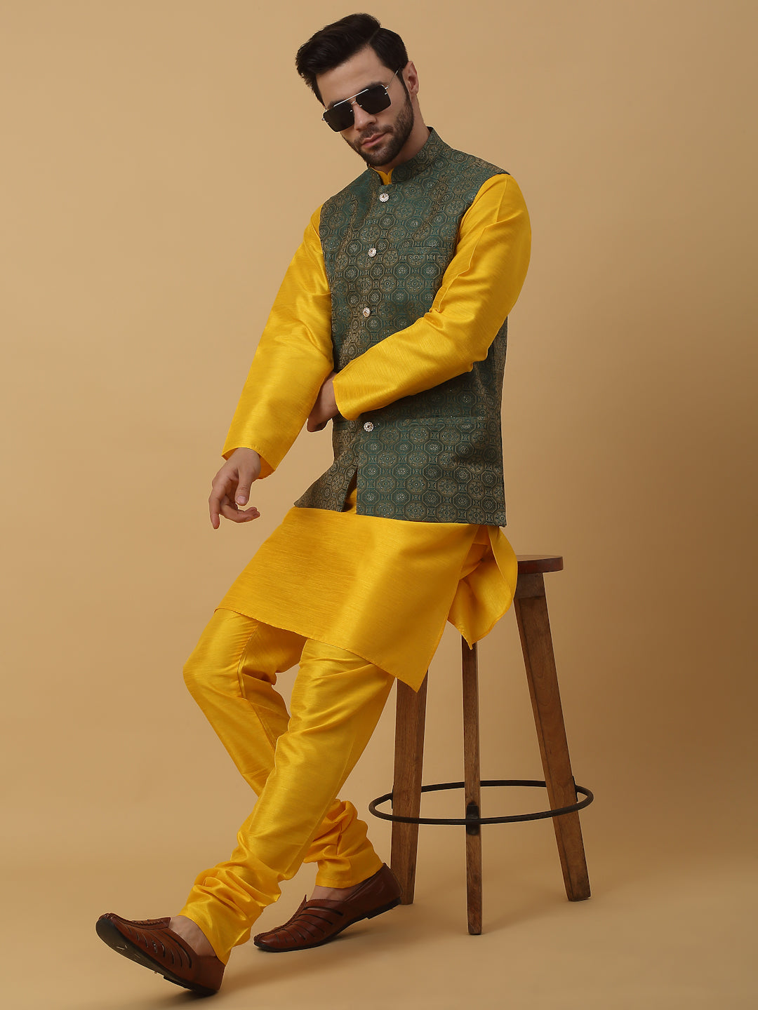 KRAFT INDIA Men's Silk Blend Yellow Kurta, Churidar with Jacquard Bandhani Silk Blend Nehru Jacket Set