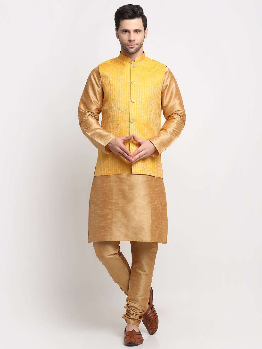 KRAFT INDIA Men's Silk Gold Kurta Churidar with Nehru Jacket Set