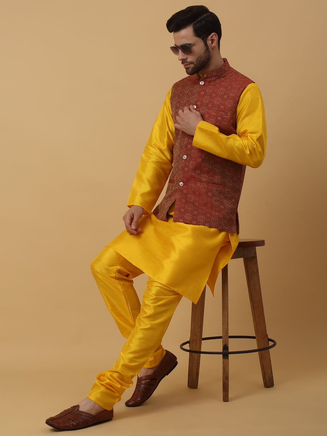 KRAFT INDIA Men's Silk Blend Yellow Kurta, Churidar with Jacquard Bandhani Silk Blend Nehru Jacket Set