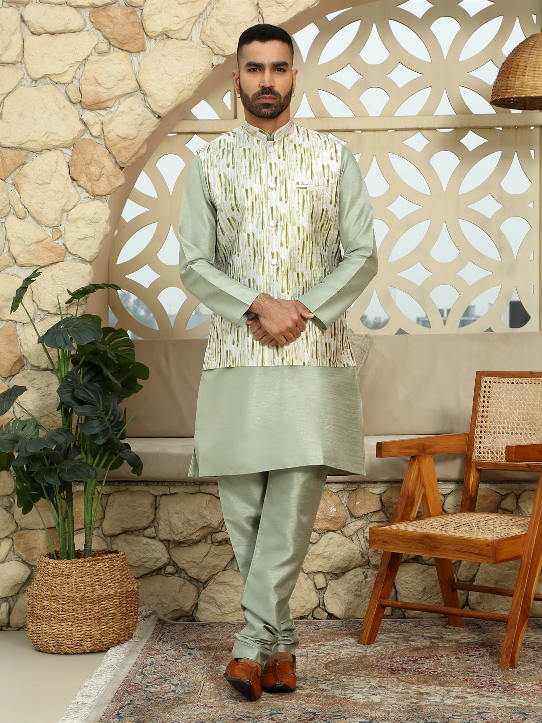 Silk Blend Solid Olive Green Kurta Churidar With Sleeveless tie-dye Nehru Jacket set