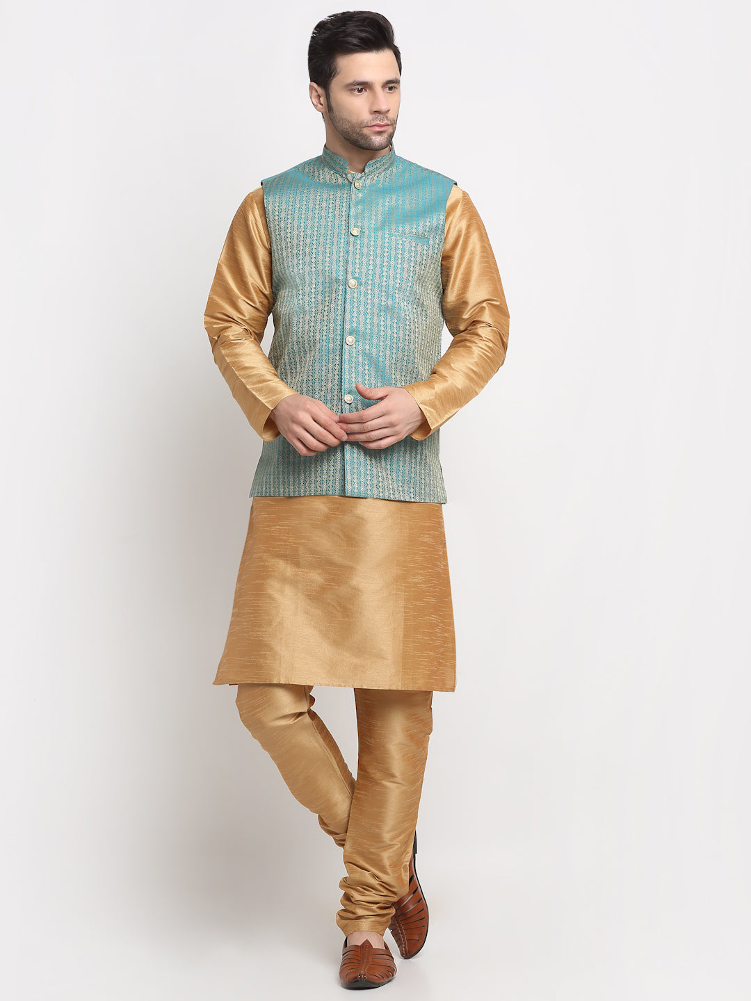 KRAFT INDIA Men's Silk Gold Kurta Churidar with Nehru Jacket Set