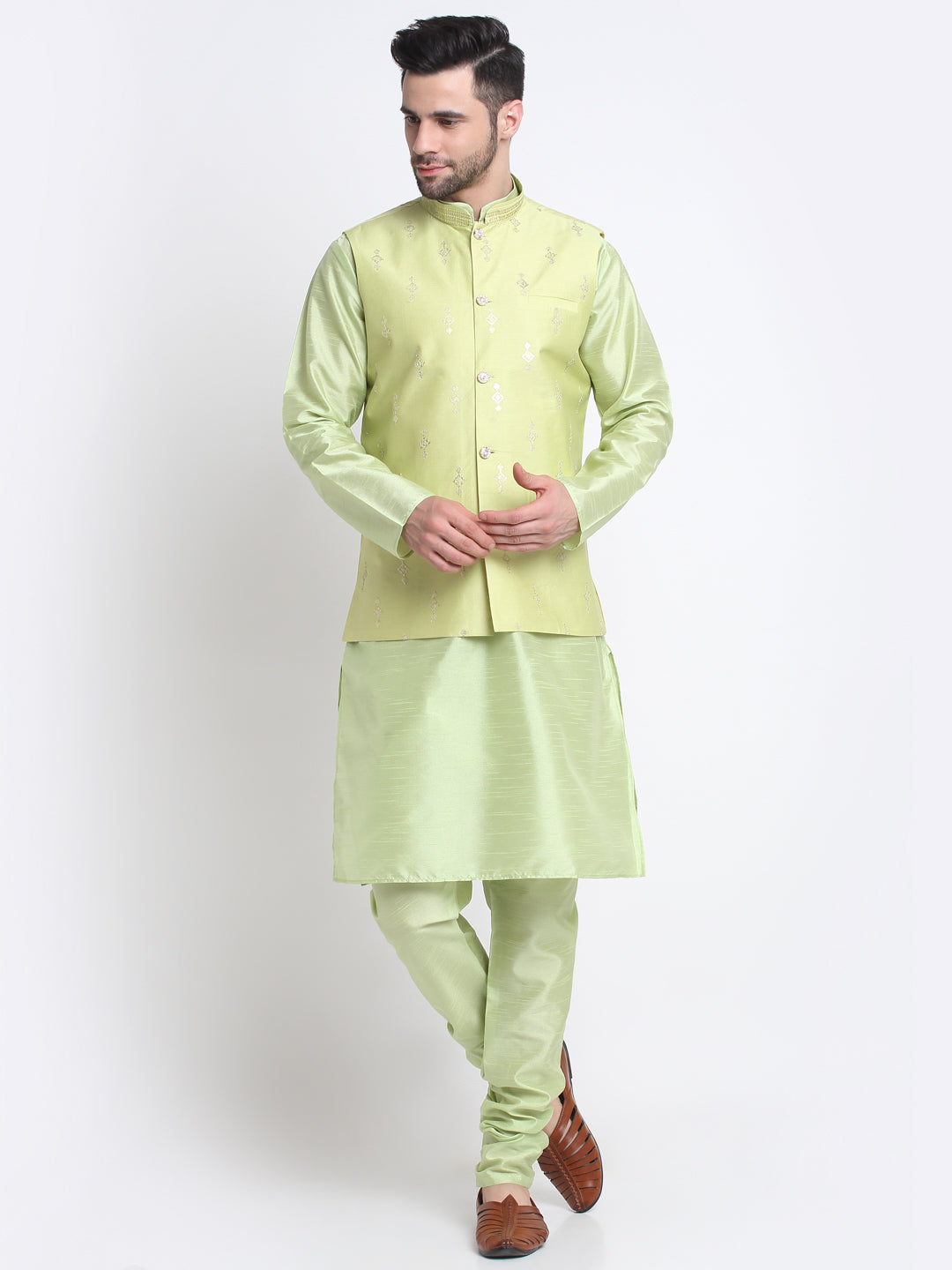 KRAFT INDIA Men Sea Green Silk Kurta & Churidar With Sequenced Nehru Jacket