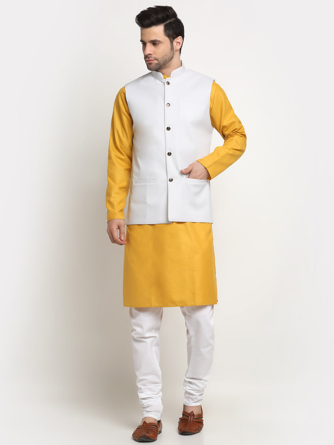 KRAFT INDIA Men's Cotton Solid Mustard Kurta Churidar with Twill Nehru Jacket Set