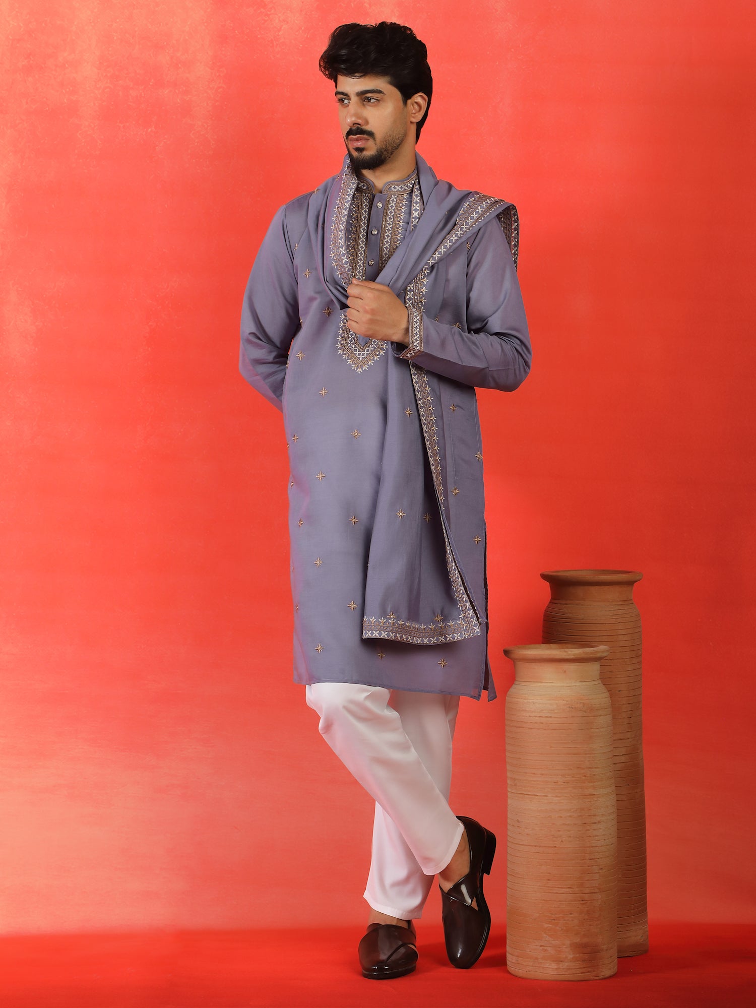 Men's Sequenced Embroidered Designed Cotton Silk Straight Long Kurta