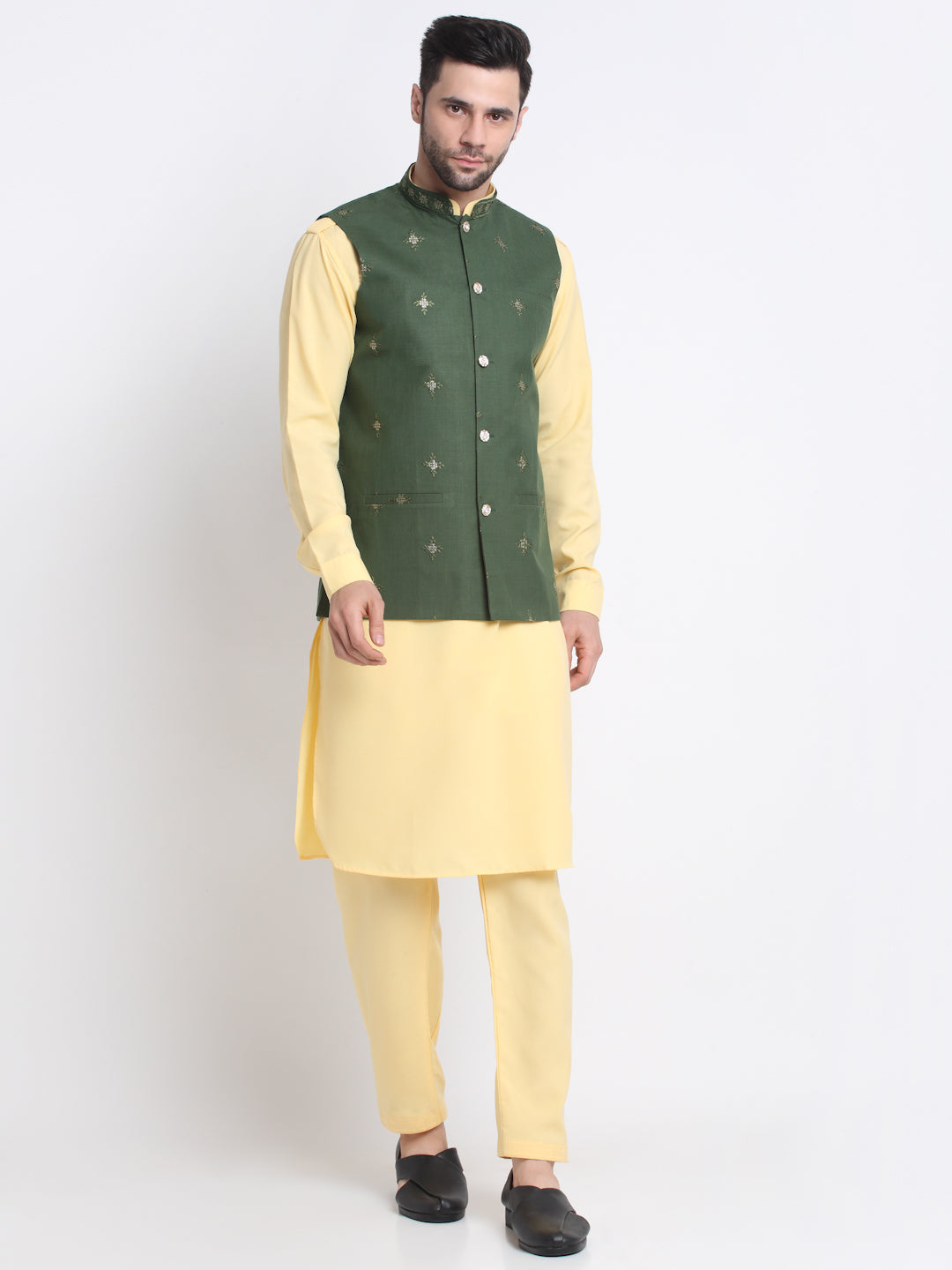 KRAFT INDIA Men Cotton Yellow Pathani Kurta & Salwar With Embroided Sequenced Nehru Jacket