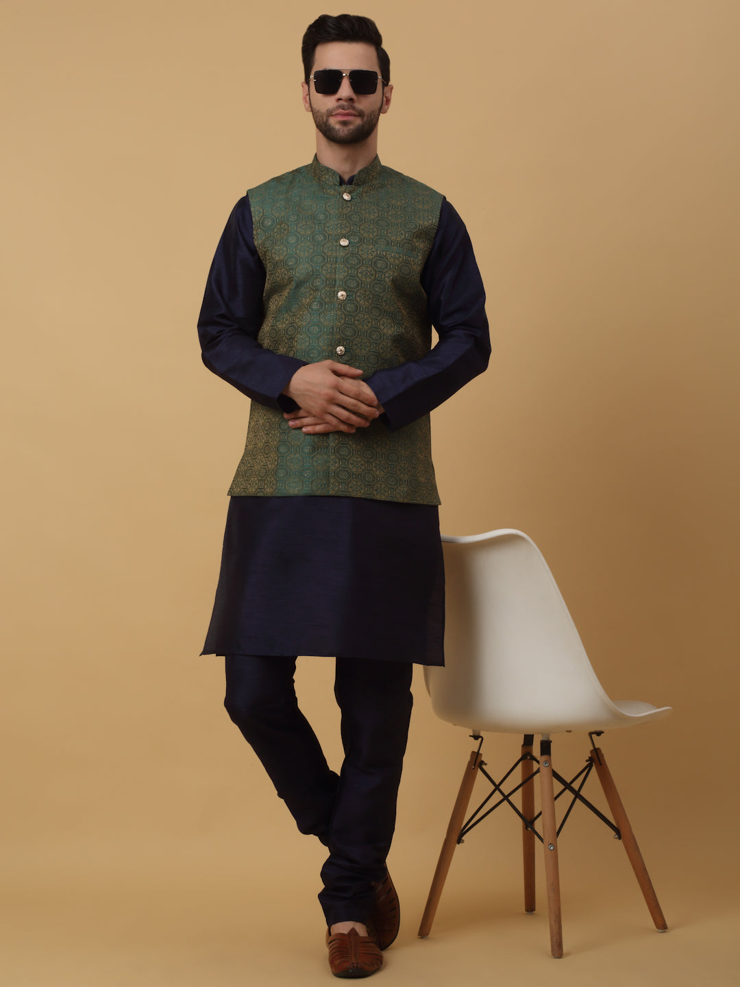 KRAFT INDIA Men's Silk Blend Navy Blue Kurta, Churidar with Jacquard Bandhani Silk Blend Nehru Jacket Set