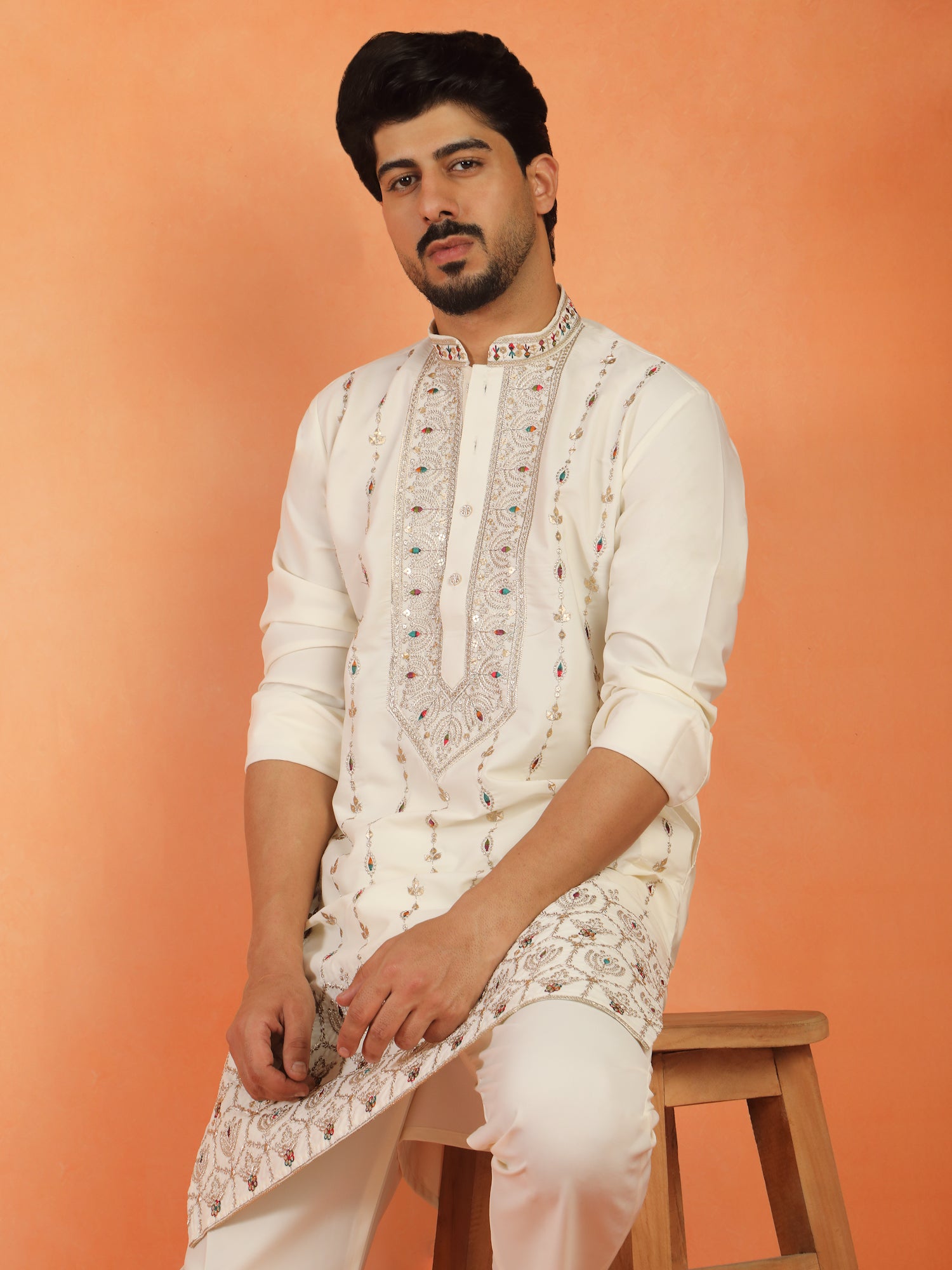 Men's Premium Japanese Fabric Luxury Embellished Embroidered Long Kurta with Mandarin Collar
