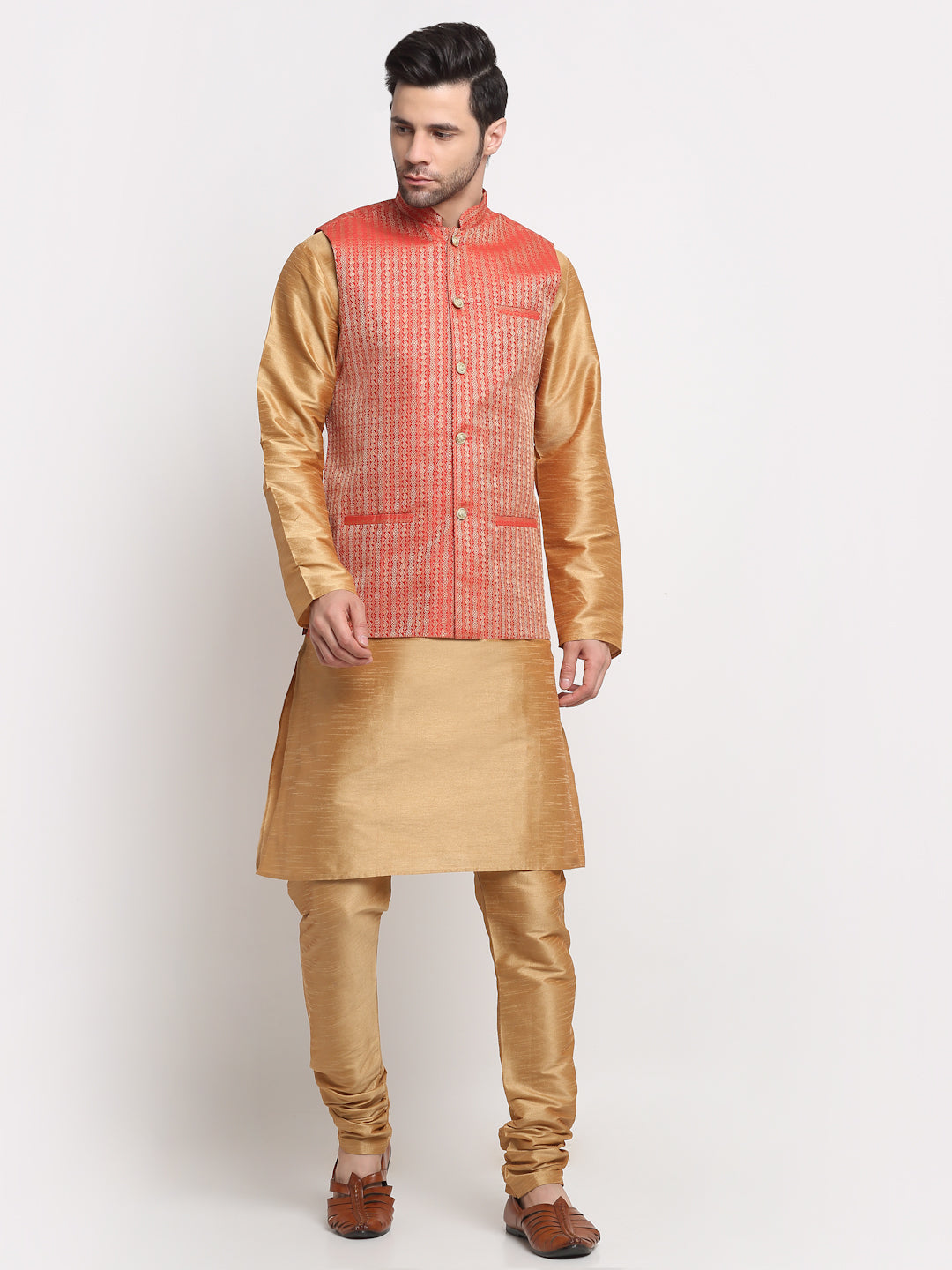 KRAFT INDIA Men's Silk Gold Kurta Churidar with Nehru Jacket Set