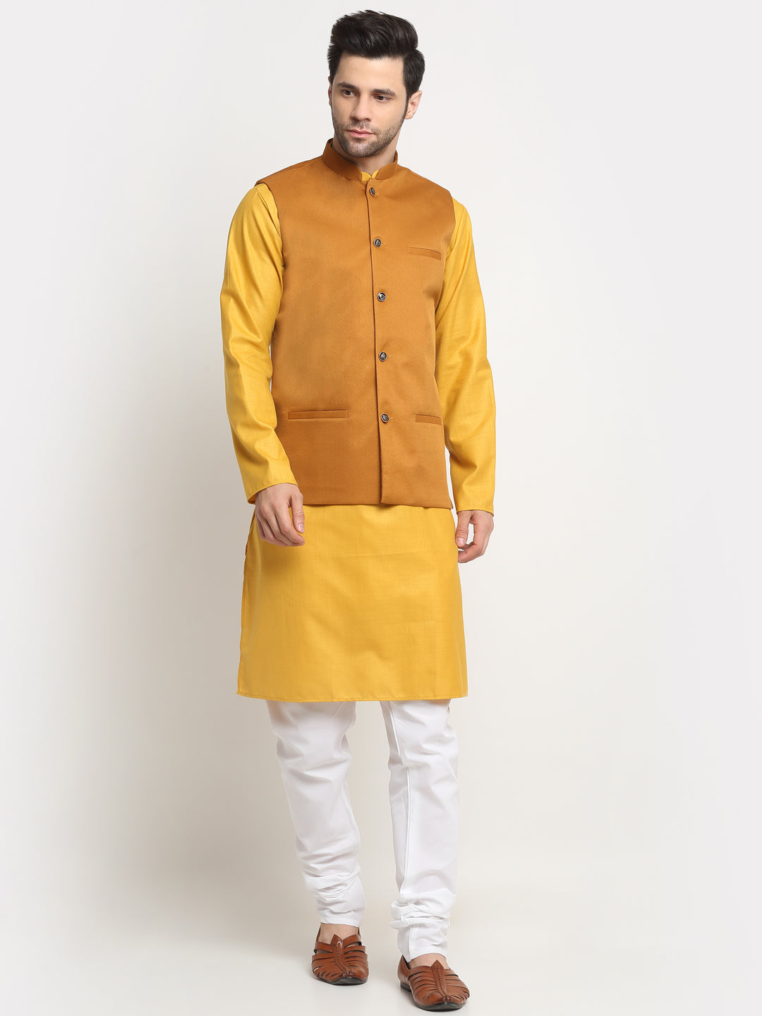 KRAFT INDIA Men's Cotton Solid Mustard Kurta Churidar with Twill Nehru Jacket Set
