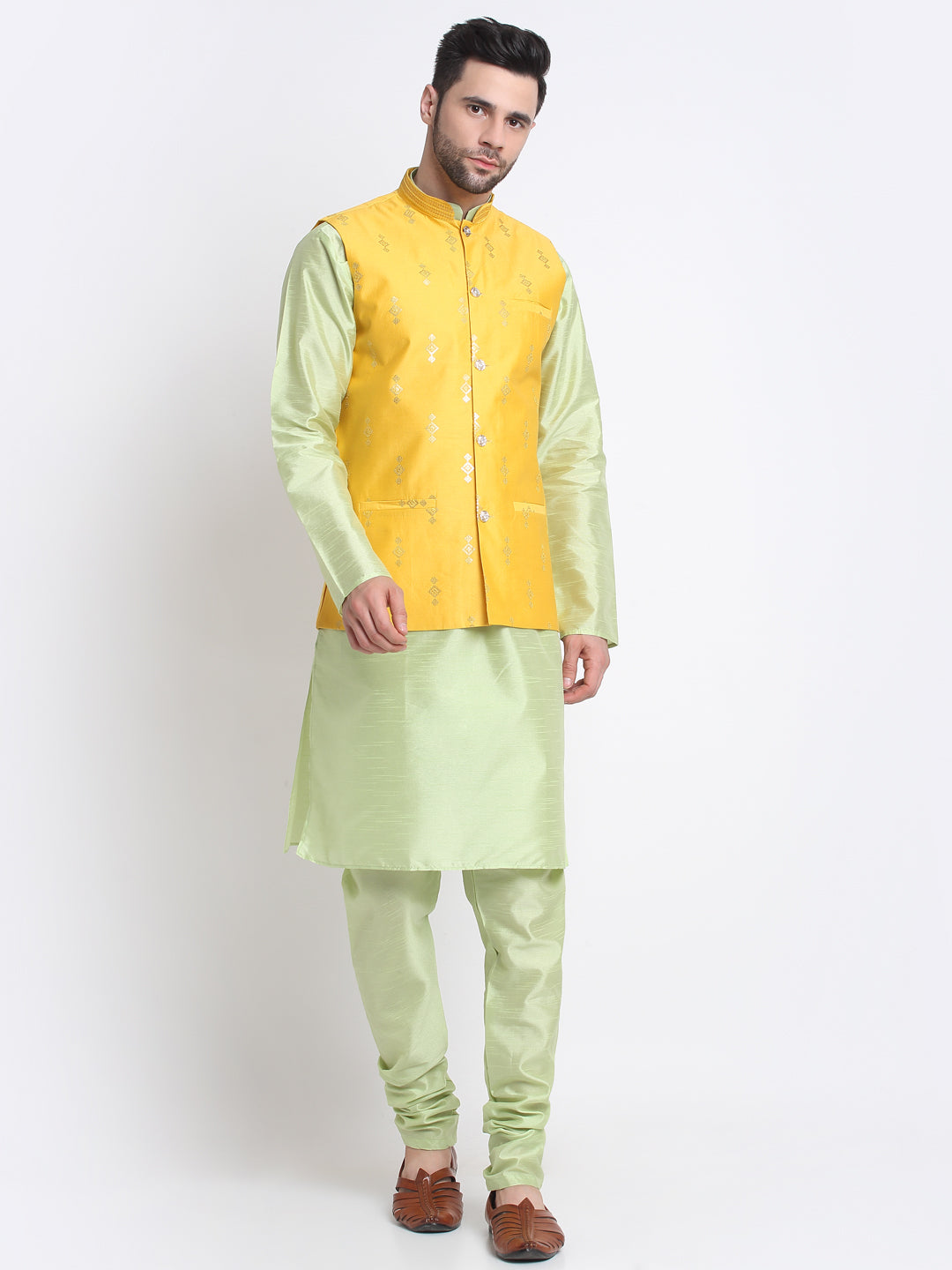 KRAFT INDIA Men Sea Green Silk Kurta & Churidar With Sequenced Nehru Jacket