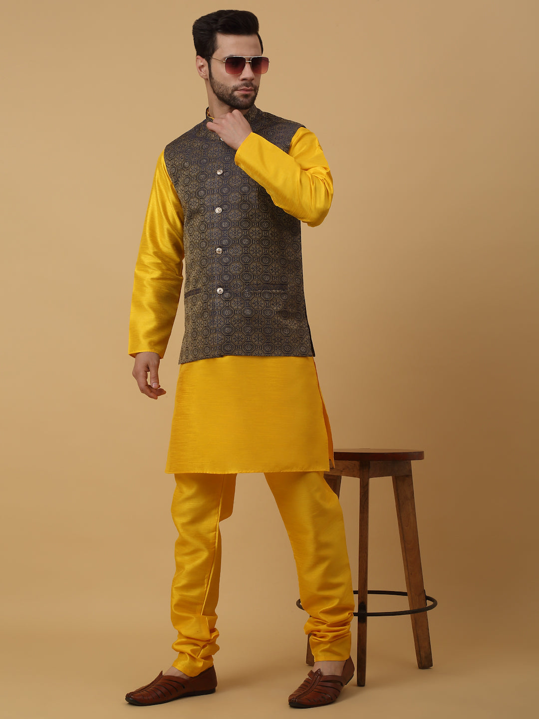 KRAFT INDIA Men's Silk Blend Yellow Kurta, Churidar with Jacquard Bandhani Silk Blend Nehru Jacket Set