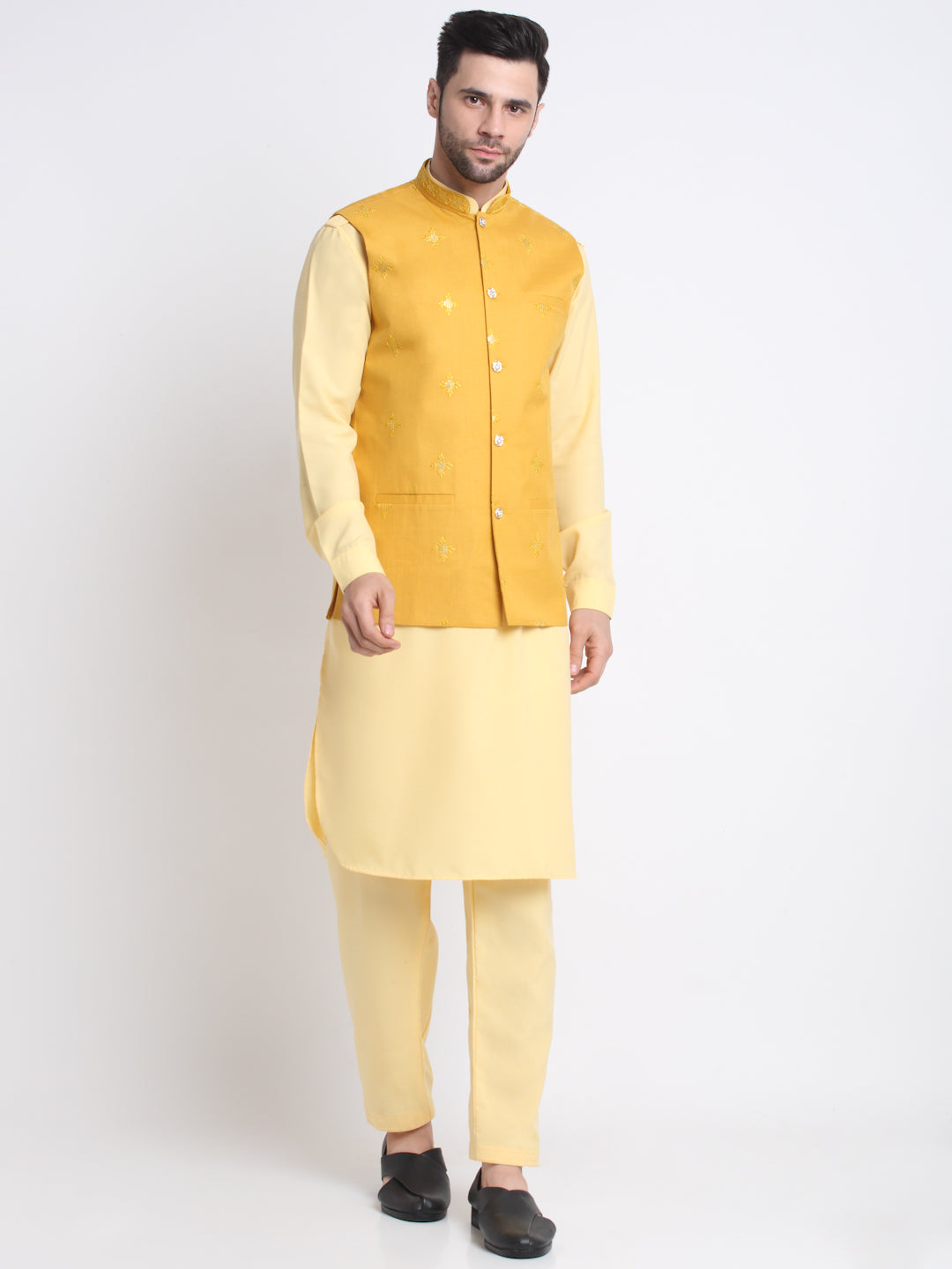 KRAFT INDIA Men Cotton Yellow Pathani Kurta & Salwar With Embroided Sequenced Nehru Jacket