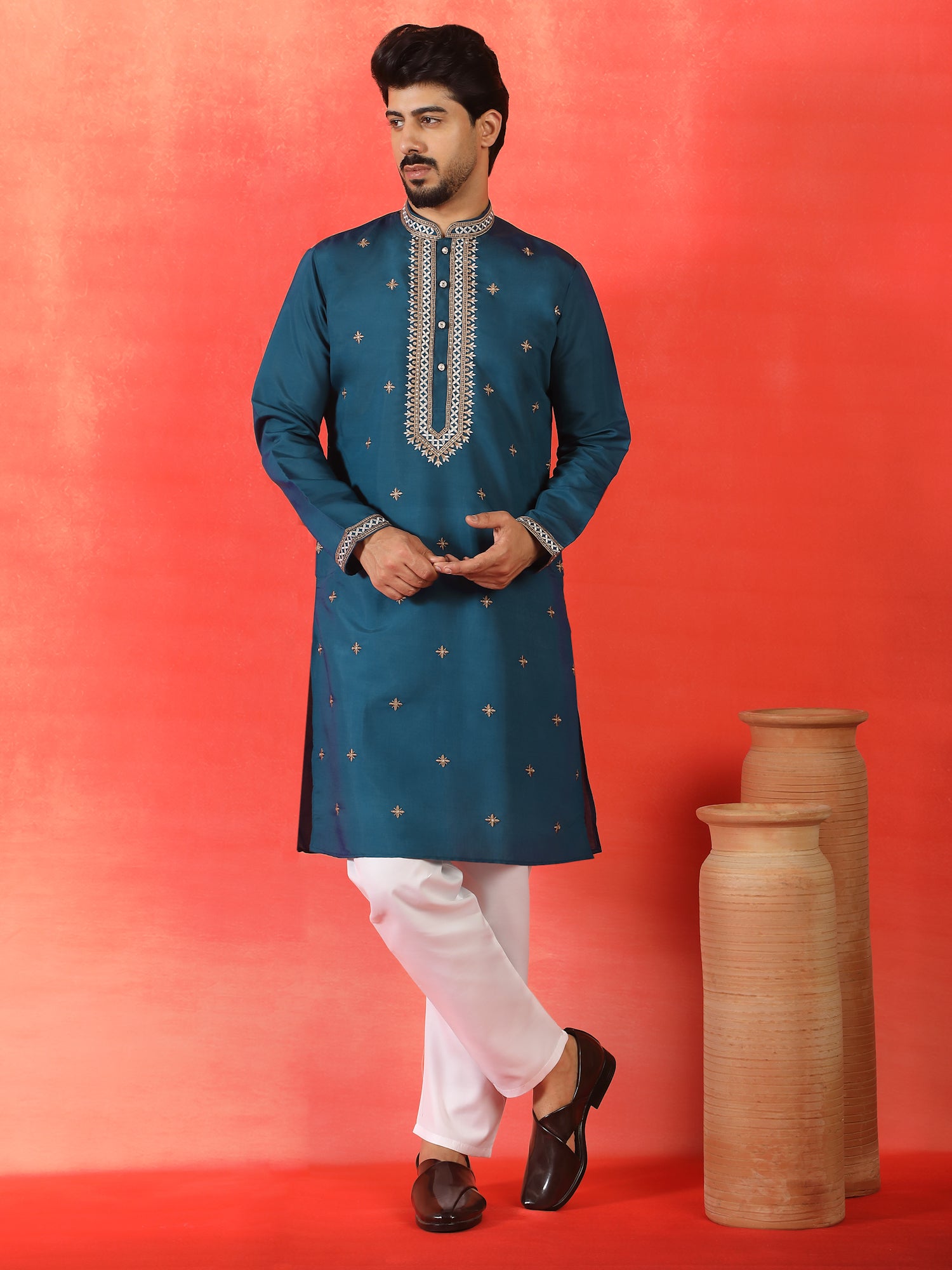 Men's Sequenced Embroidered Cotton Silk Straight Kurta Pyjama With Dupatta Set