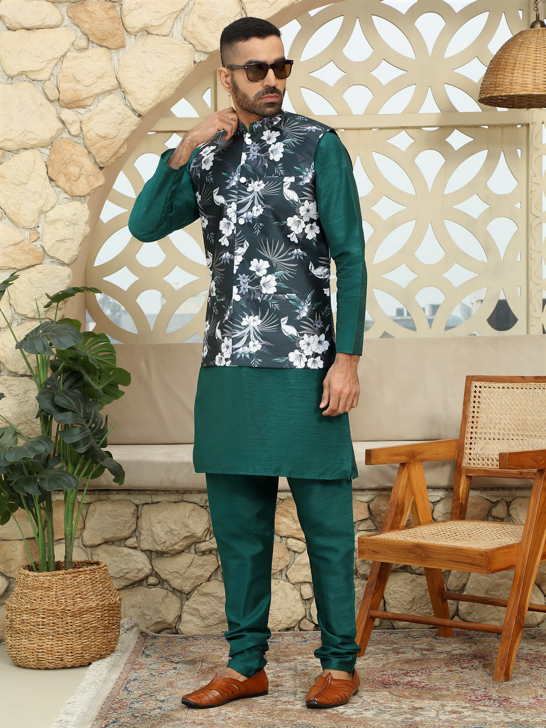 Silk Blend Solid Green Kurta Churidar With Sleeveless Floral Printed Nehru Jacket set