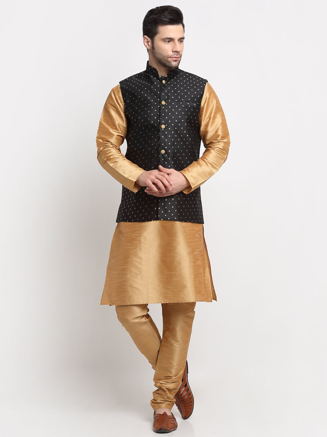 KRAFT INDIA Men's Silk Gold Kurta Churidar With Polka Dotted Nehru Jacket Set