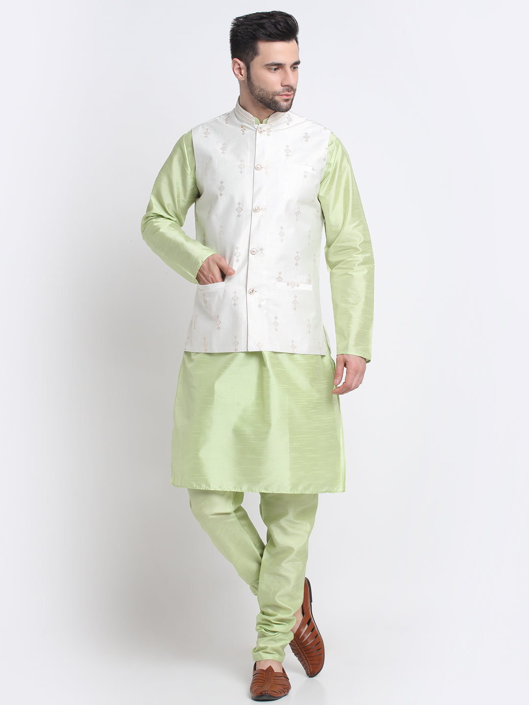 KRAFT INDIA Men Sea Green Silk Kurta & Churidar With Sequenced Nehru Jacket