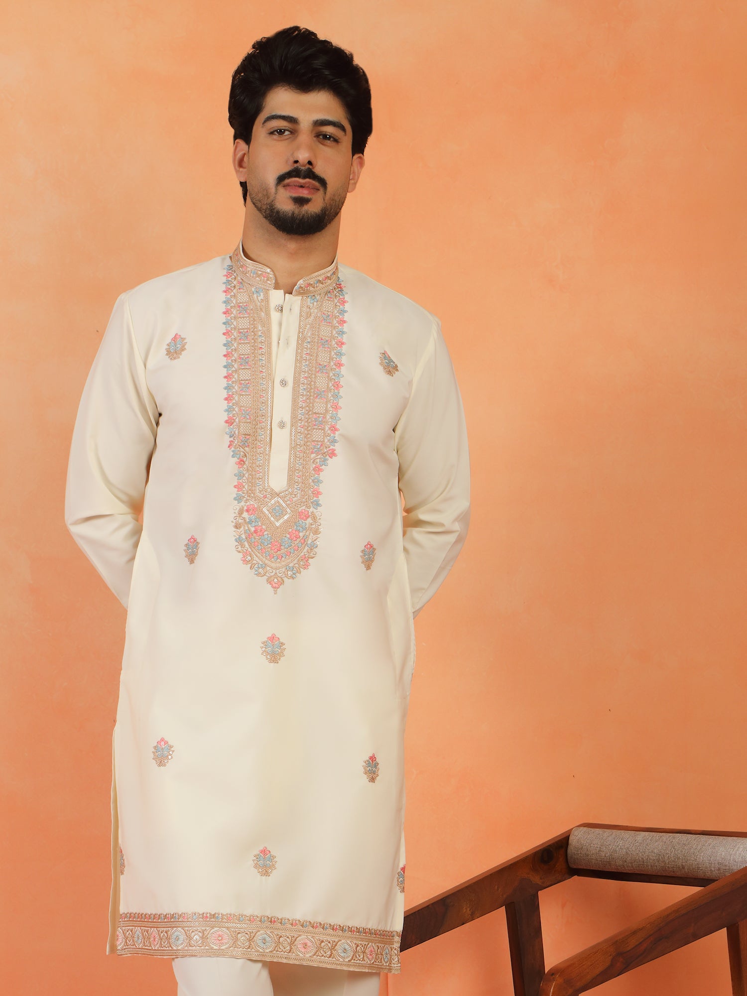 Men's Yoke Design Embroidered Japanese Fabric Mandarin Collar Long Kurta
