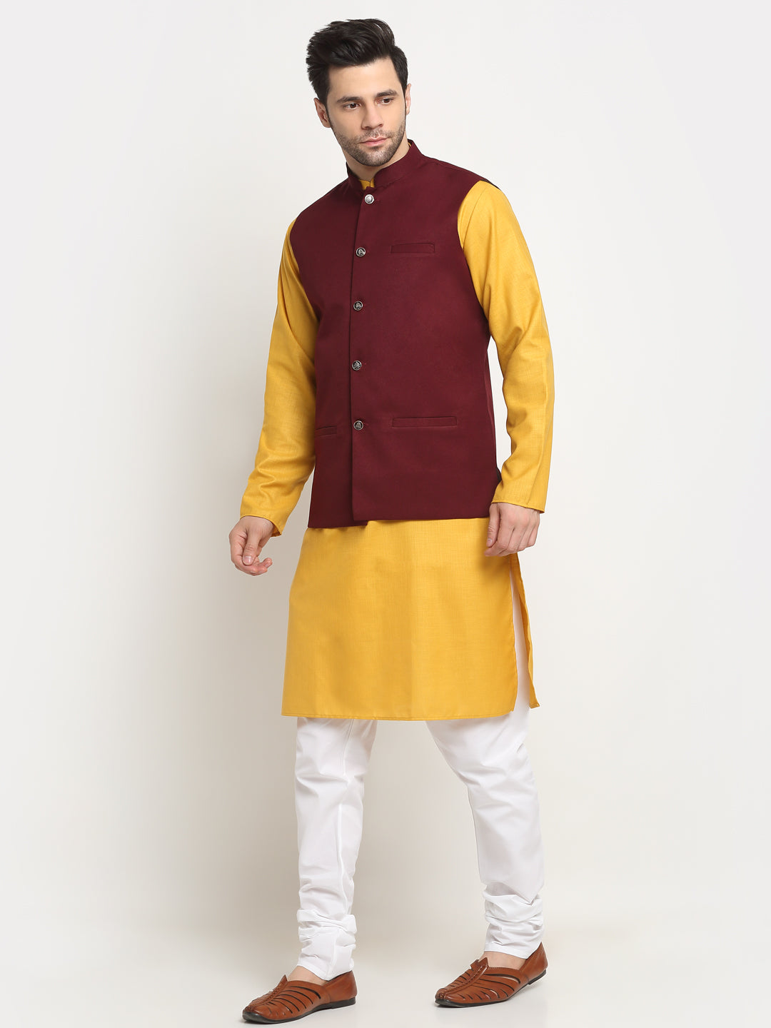 KRAFT INDIA Men's Cotton Solid Mustard Kurta Churidar with Twill Nehru Jacket Set