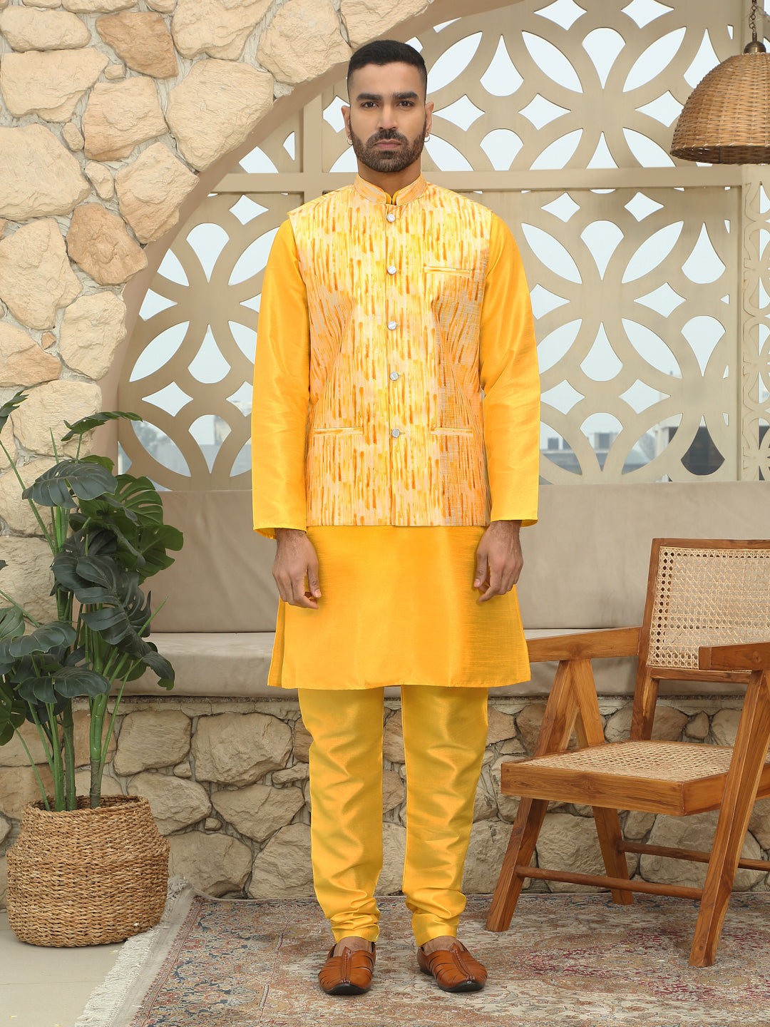 Silk Blend Solid Yellow Kurta Churidar With Sleeveless tie-dye Nehru Jacket set