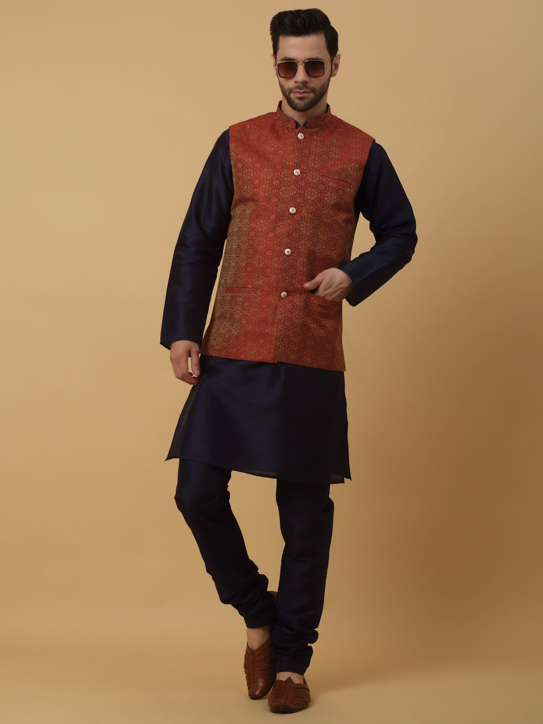 KRAFT INDIA Men's Silk Blend Navy Blue Kurta, Churidar with Jacquard Bandhani Silk Blend Nehru Jacket Set