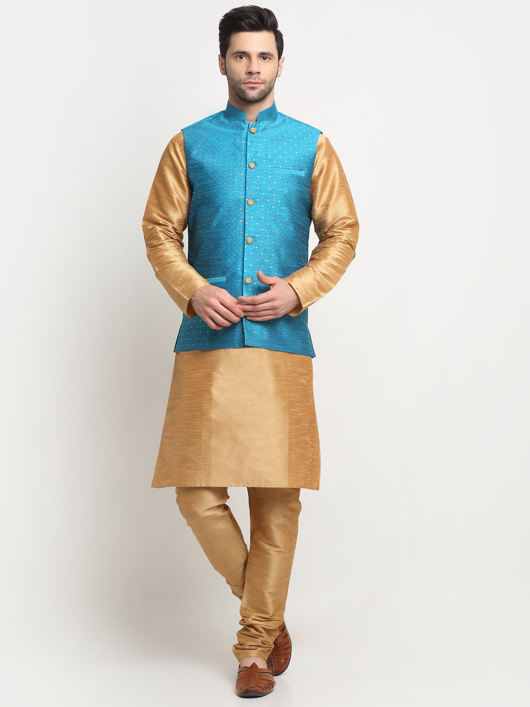 KRAFT INDIA Men's Silk Gold Kurta Churidar With Polka Dotted Nehru Jacket Set